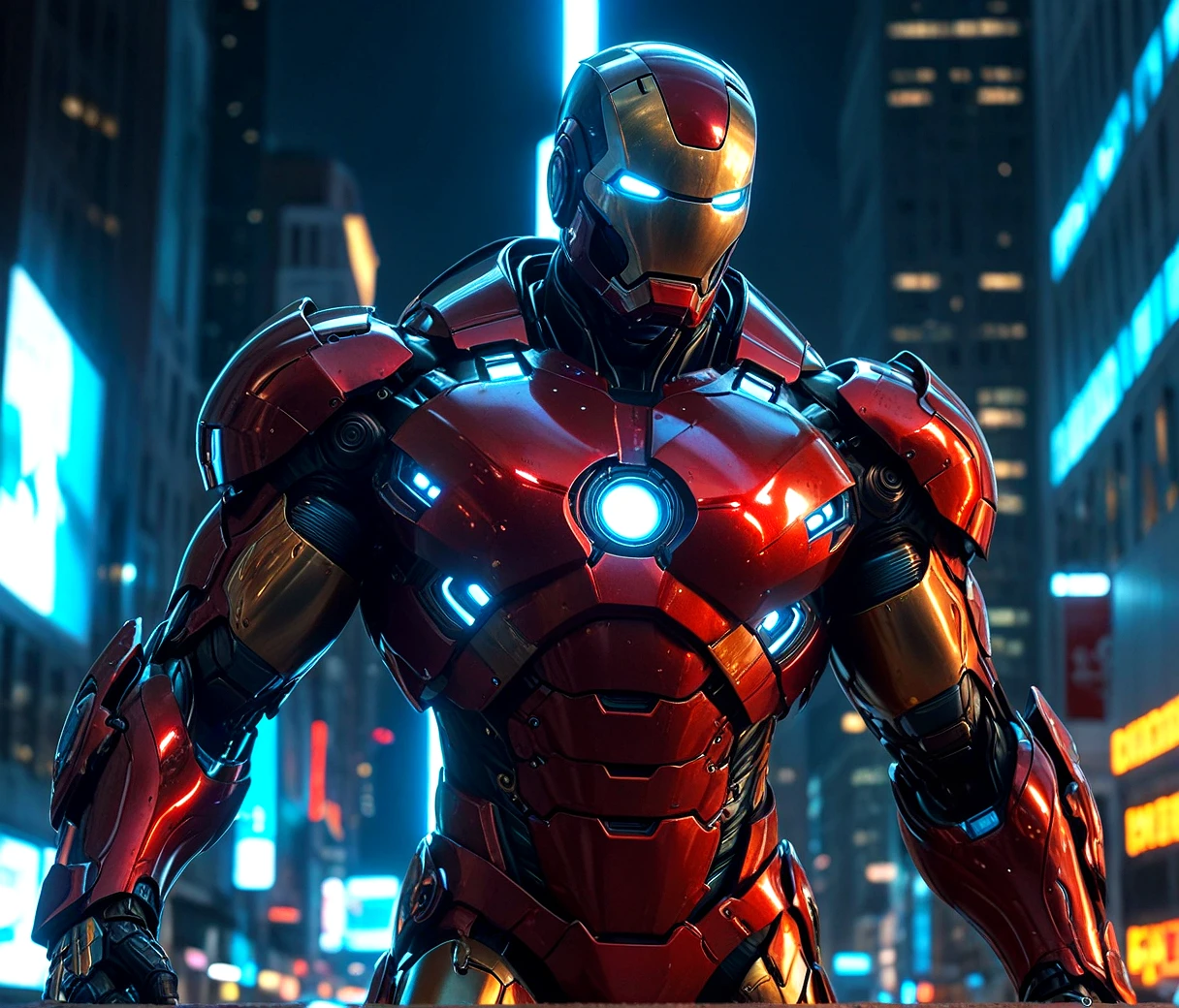 masterpiece, RAW photo, post processing, cinematic, Ironman, Marvel, photorealism, ultra-high resolution, body armor, wide angle, vibrant, high contrast, ray tracing, highest quality, symmetrical