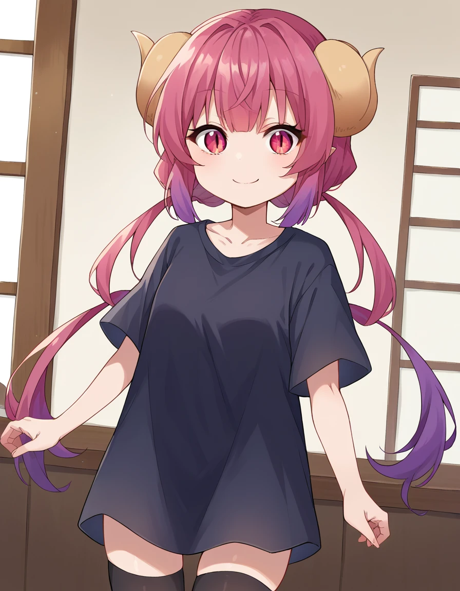 score_9, score_8_up, score_7_up, source_anime,
dragonilulu, <lora:dragon-ilulu-ponyxl-lora-nochekaiser:1>,
ilulu, curled horns, horns, long hair, multicolored hair, purple hair, red eyes, red hair, slit pupils, smile,
black shirt, long shirt, black thighhighs, collarbone, shirt, short sleeves, thighhighs, wide sleeves, zettai ryouiki,
indoors,
looking at viewer, cowboy shot, dutch angle,