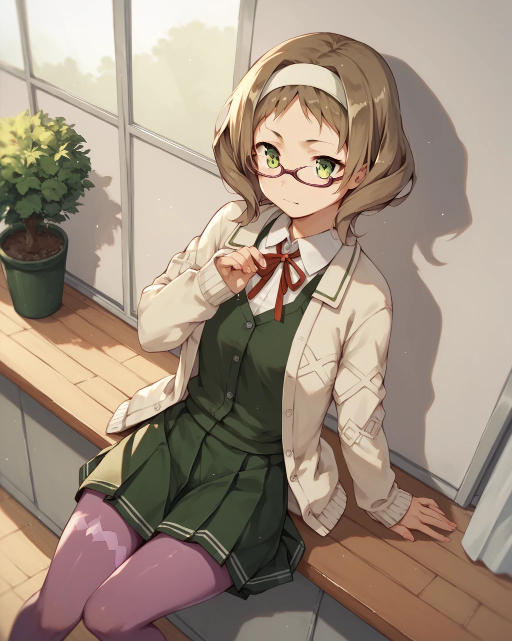 score_9, score_8_up, score_7_up,
<lora:Akihara_Sekka_PONY:1>,1girl, solo, pantyhose, glasses, purple pantyhose, green eyes, brown hair, hairband, skirt, school uniform, short hair, cardigan,