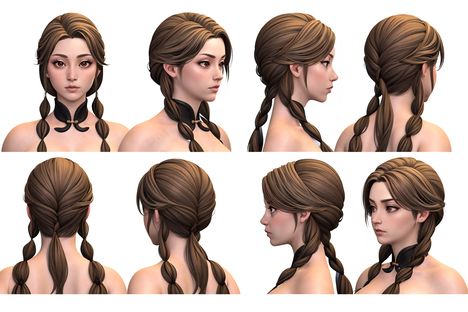 (white background, simple background:1.5), 1girl, brown eyes, 4k, high-res, masterpiece, best quality, MultiView, MultiViews of the same girl holding the same hairstyle,
big hair,
hair up,
brown hair,
flipped hair,
low twin braids,
,
Braid Plate,
,
side Braids,
(Chinese Wuxia  theme character design:1.2),
<lora:VariationOfExpression:.25>
 <lora:more_details:.5>
<lora:noline:.25>,
<lora:spiderverse_style_offset:.1>
<lora:botw_style_offset:.1>
<lora:cyberpunk_edgerunners_offset:.1>
<lora:arcane_offset:.1>
<lora:hairTurn_v1:.3>
 <lora:MedievalHairTurn_v2:.3> 
 <lora:ToonHairTurn_v1:.3>