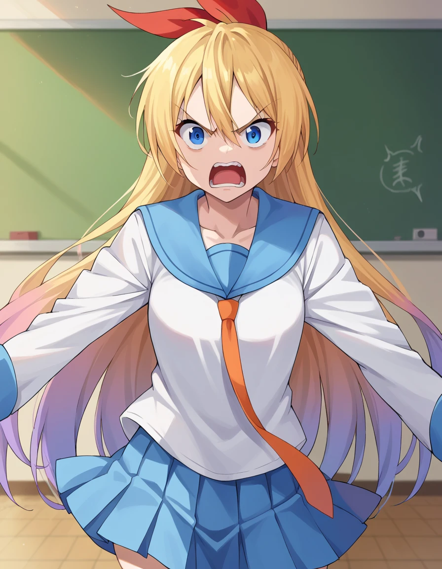score_9, score_8_up, score_7_up, source_anime,
chitogekirisaki, <lora:chitoge-kirisaki-ponyxl-lora-nochekaiser:1>,
chitoge kirisaki, long hair, blue eyes, blonde hair, ribbon, hair between eyes, very long hair, hair ribbon, multicolored hair, red ribbon, gradient hair, angry, anger vein, open mouth, shouting,
skirt, shirt, thighhighs, school uniform, collarbone, white shirt, pleated skirt, necktie, serafuku, sailor collar, red ribbon, blue skirt, blue sailor collar,
indoors, classroom, hallway,
looking at viewer, cowboy shot, dutch angle, dynamic pose,