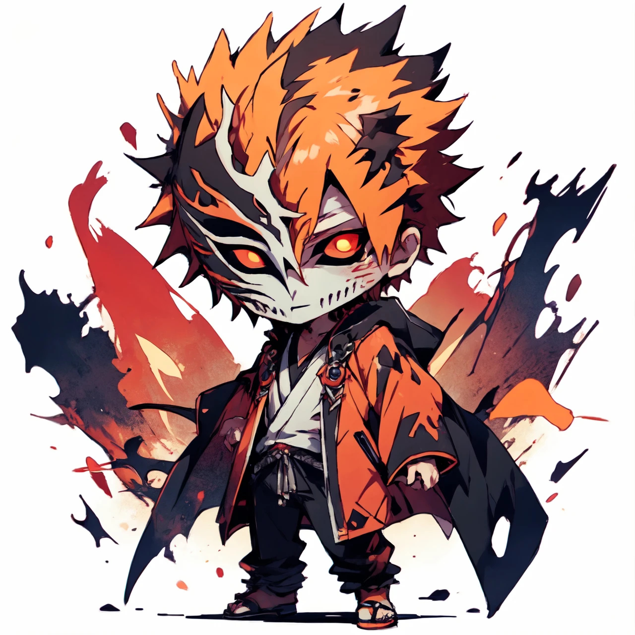 hollow mask ichigo, colored sclera, mask, black sclera, orange hair, looking at viewer, spiked hair, male focus, solo, full body, abstract art, chibi<lora:EMS-326913-EMS:1.000000>, <lora:EMS-190188-EMS:0.800000>