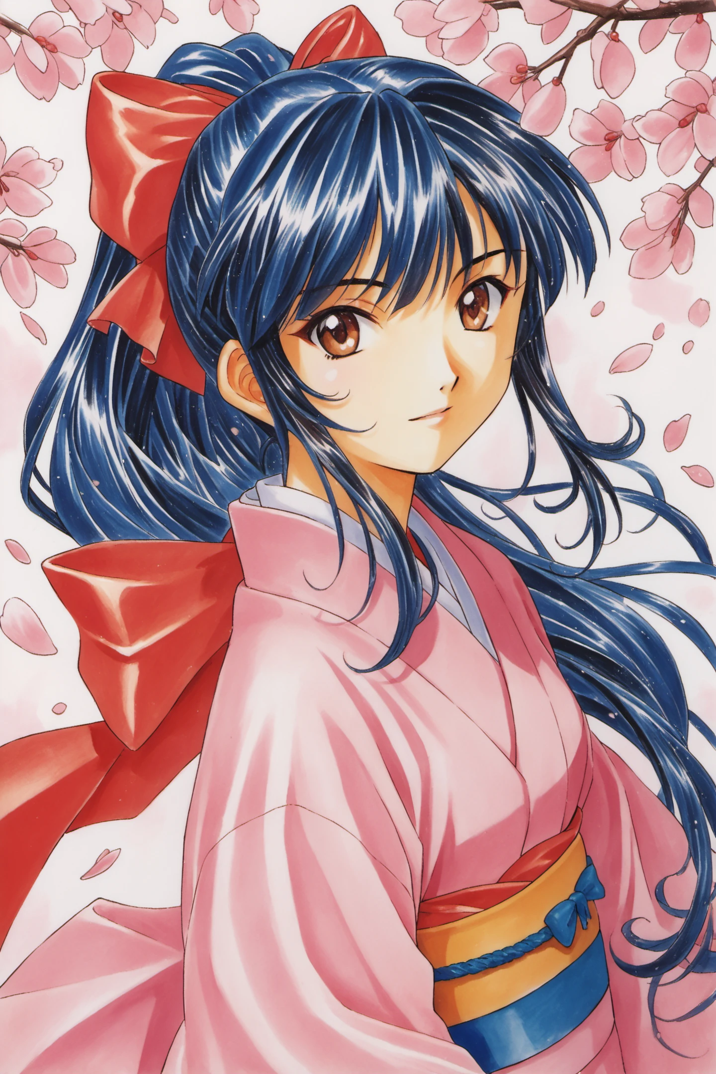 1girl,solo,bow,long hair,red bow,pink japanese clothes,ponytail,hair bow,brown eyes,black hair,blue hair,cherry blossoms,traditional media,score_9,score_8_up,<lora:Kosuke Fujishima_XL_PONY:0.9>,