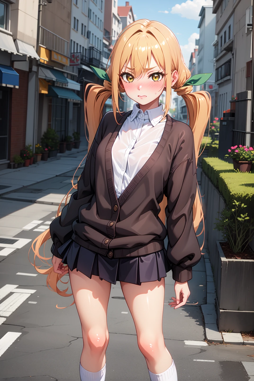 solo, masterpiece, best quality, outdoors, city, karane, yellow eyes, blonde hair, orange hair, long hair, low twintails, very long hair, hair between eyes, hair ribbon, green ribbon, white shirt, collared shirt, brown cardigan, long sleeves, black skirt, miniskirt, pleated skirt, loose socks, shoes, (blush:1.2), small breasts