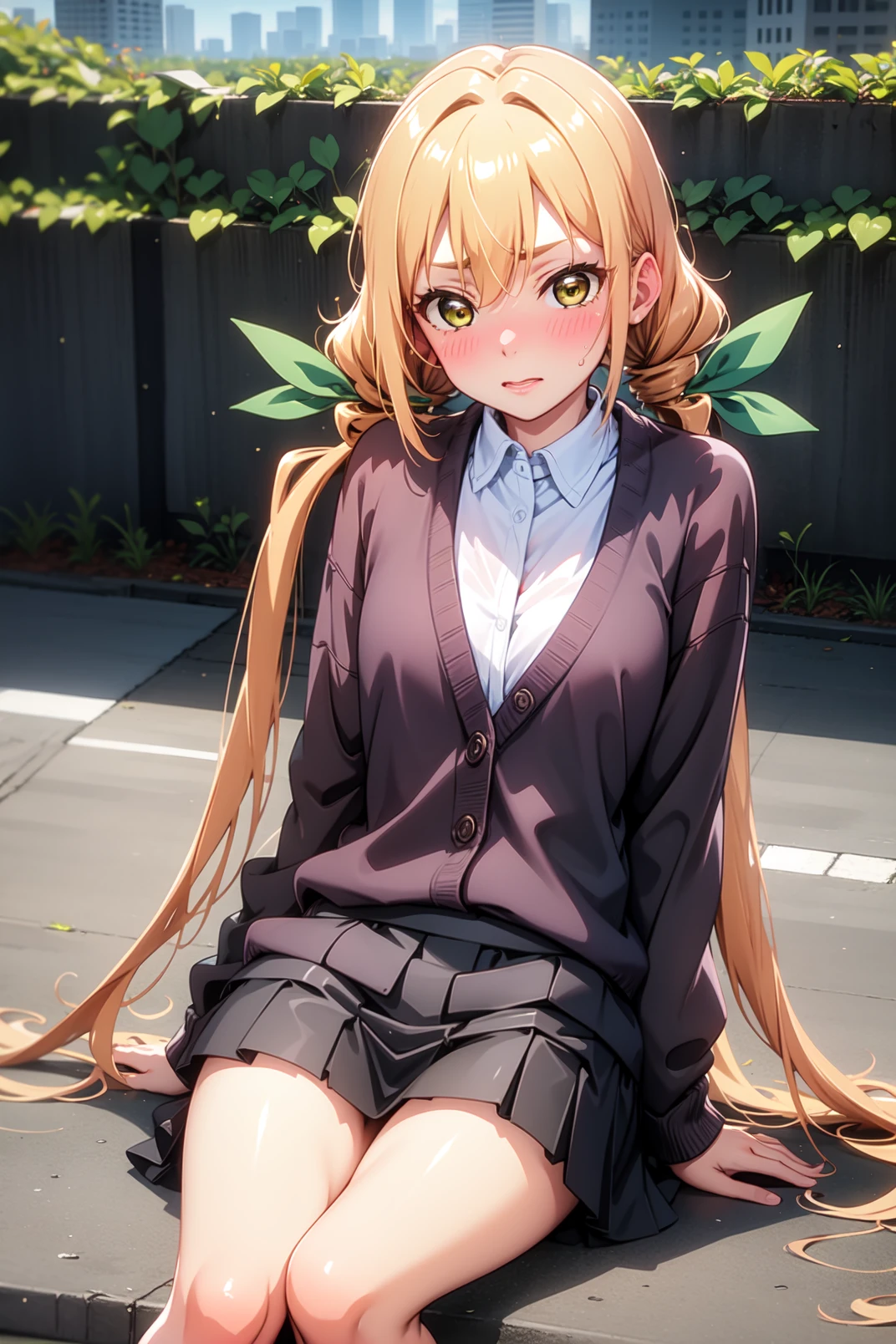 solo, masterpiece, best quality, outdoors, city, karane, yellow eyes, blonde hair, orange hair, long hair, low twintails, very long hair, hair between eyes, hair ribbon, green ribbon, white shirt, collared shirt, brown cardigan, long sleeves, black skirt, miniskirt, pleated skirt, white loose socks, shoes, sitting on floor, knees up, arm at side, (blush:1.2), small breasts