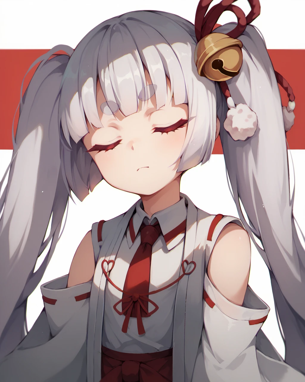 score_9, score_8_up, score_7_up,
<lora:Tsukuyo_Inaba_PONY:1>,tsukuyo inaba, 1girl, solo,closed eyes, red eyes,very long hair,twintails,white hair,hair ornament, bangs, thick eyebrows,hair bell, jingle bell, detached sleeves, japanese clothes,miko,necktie,