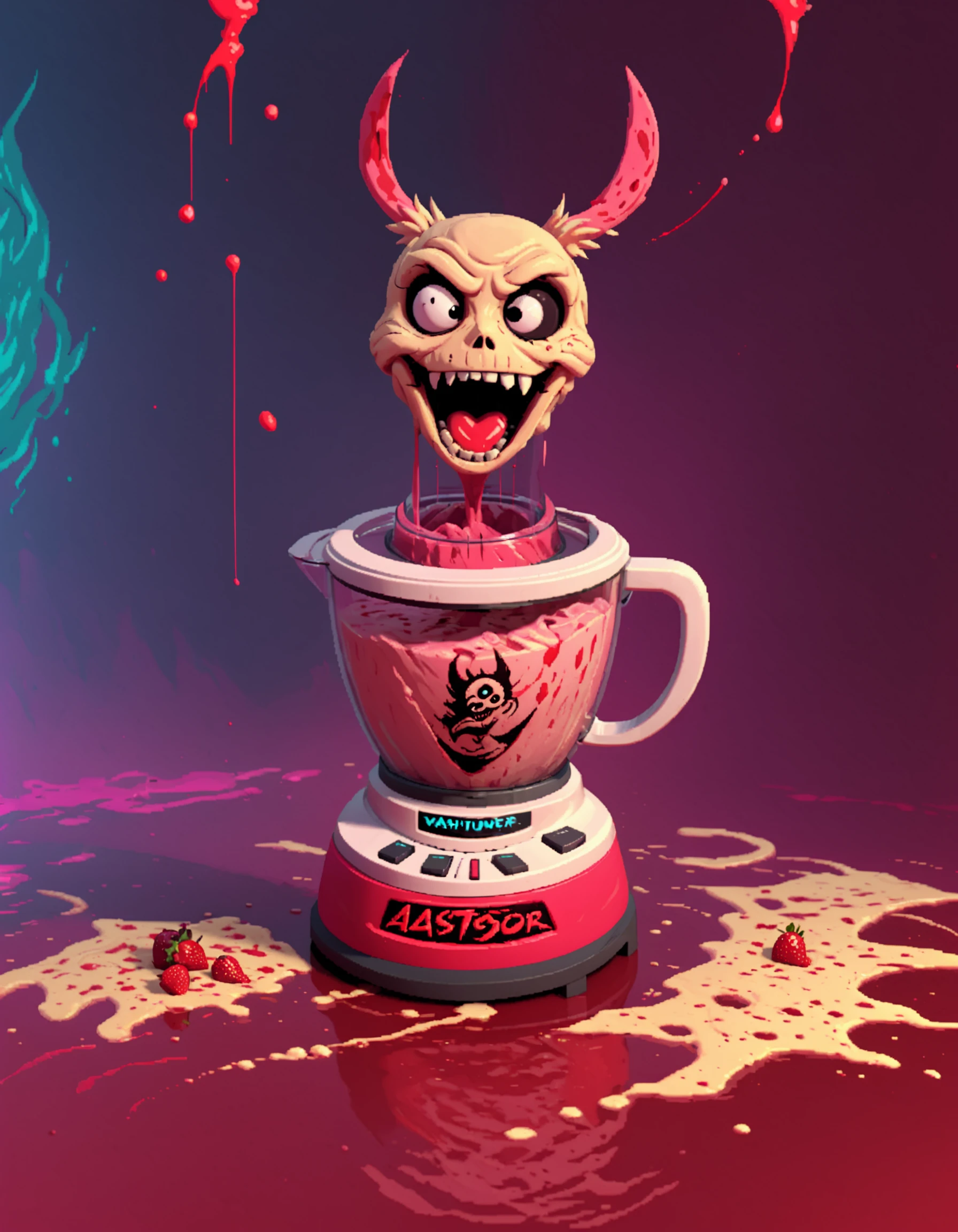 Liquified Carbuncle, Alastor of Hazbin Hotel, hands in blender, head above lid, alastor creature stuck in food processor, blending the deer, perfectly rendered situation with blender turned on to max, strawberry, banana, peaches, water splashes, liquid splatter, ink splotches, ultra sharp, masterpiece, official art, horror scene, liminal space, liminal horror, kawaii but terrorizing, shigure ui style wadadadang, panic, cinematic lighting, vivziepop, hazbin hotel scene, looney tunes horror, cinematic angle, masterblender, best blender, RIP crayon, looney tunes acme blender, <lora:CarbieBlenderXL:0.8>