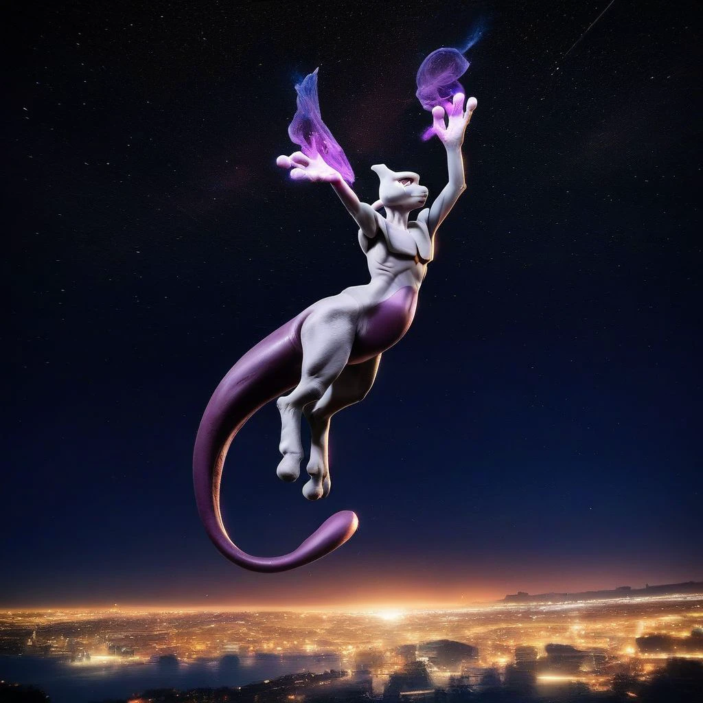 realistic, solo, creature, mewtwo, grey skin, tail, hand up, magic, floating, night, sky, star (sky)