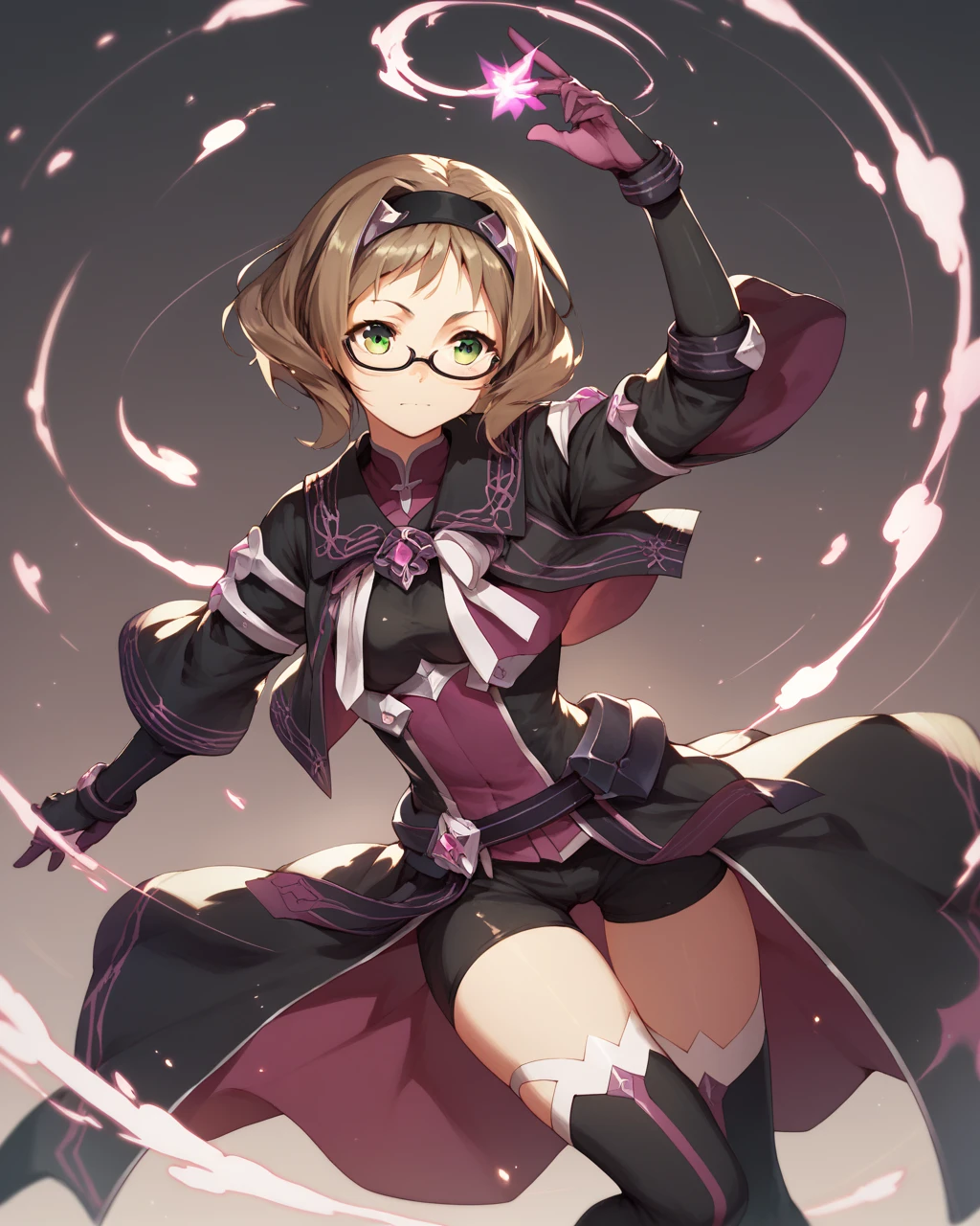 score_9, score_8_up, score_7_up,
<lora:Akihara_Sekka_PONY:1>,1girl, solo, glasses, green eyes, brown hair, thighhighs, gloves, armor, hairband, short hair,Magic Girl,