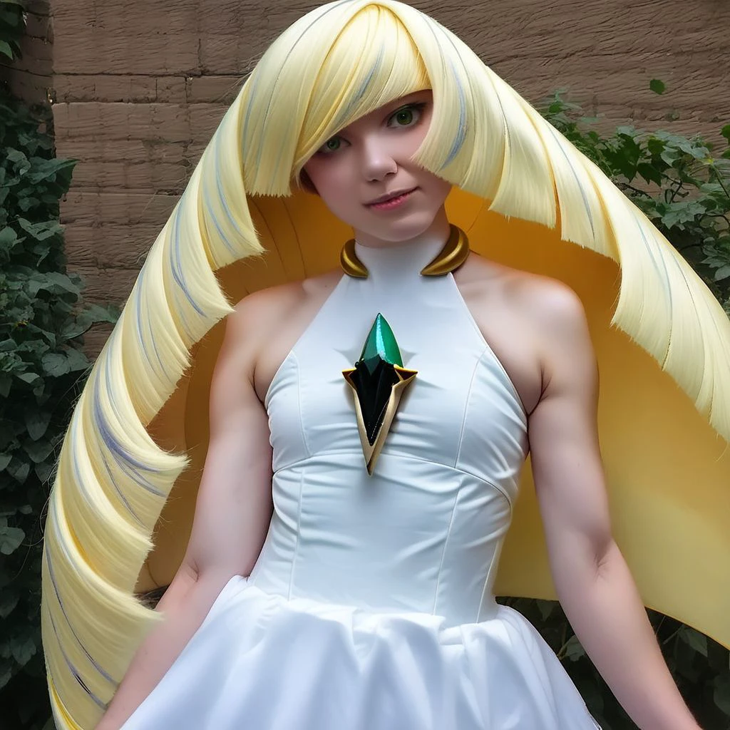 Realistic, 1girl, solo, lusamine, blondehair, green eyes, sleeveless, white dress,