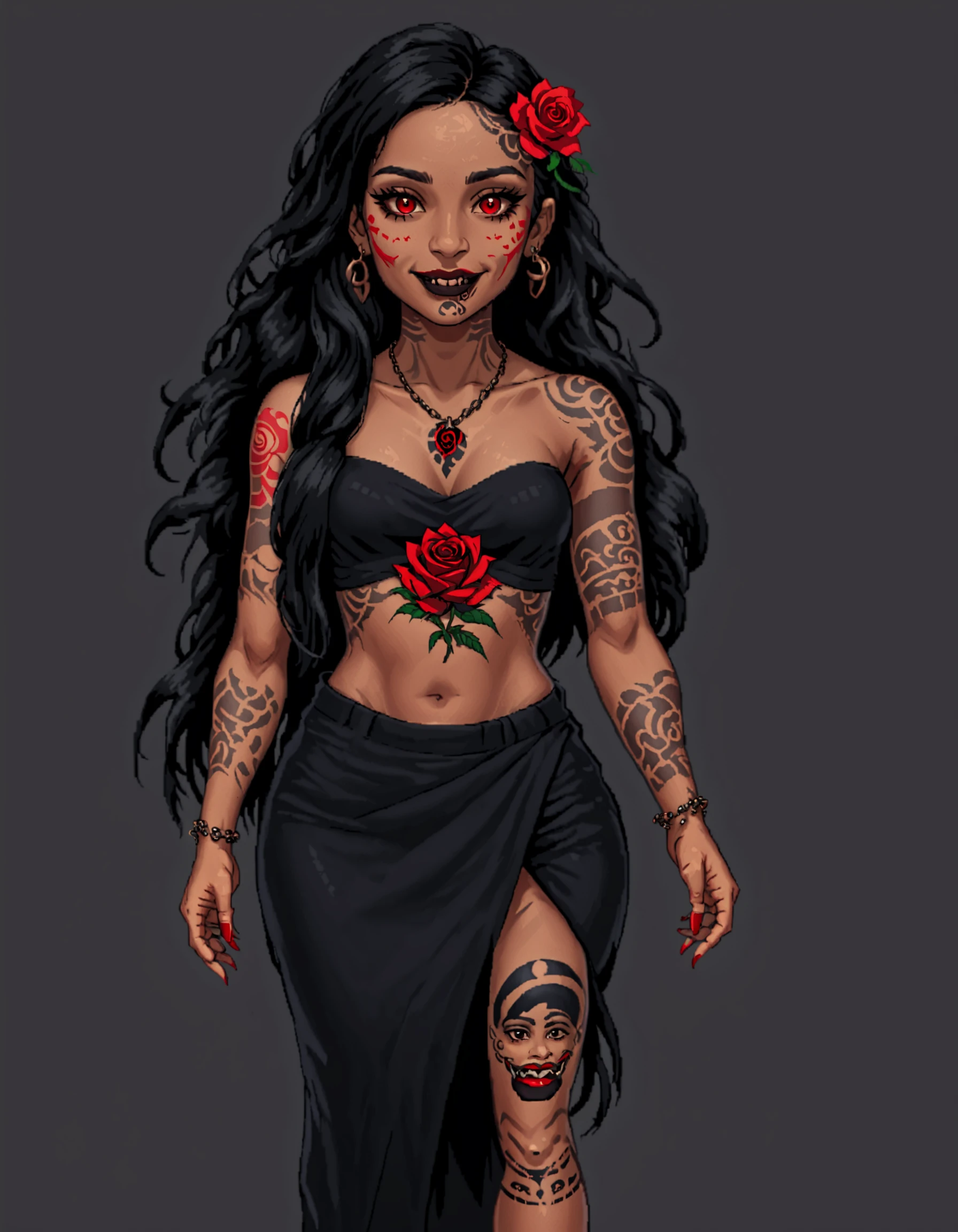 AotearoaMatariki, 1girl, solo, long hair, smile, black hair, chin tattoo, pasifika, polynesian, maori, tattoo, facial tattoo, brown eyes, makeup, lipstick, black lipstick, jewelry, full body, hair ornament, rose, red flower, flower, hair flower, tan skin, dark-skinned female, necklace, bone carving necklace, piercing, shirt, pants, red rose, lip piercing, realistic, fantasy painting, New Zealand, Aotearoa, Studio lighting, side lighting , <lora:MatarikiAotearoaXL:0.8>