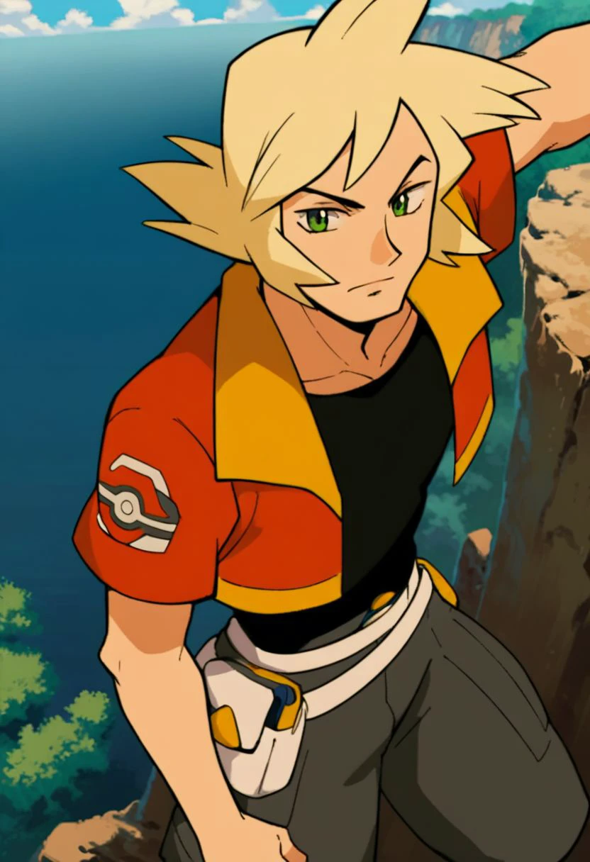 (score_9, score_8_up:1.1), score_7_up, 1boy, solo, blonde hair, green eyes, source_explicit, red jacket, yellow coat, black shirt, pants, white belt pouch, confident, dynamic pose, pokemon ranger, circle, from above, cliff, sea