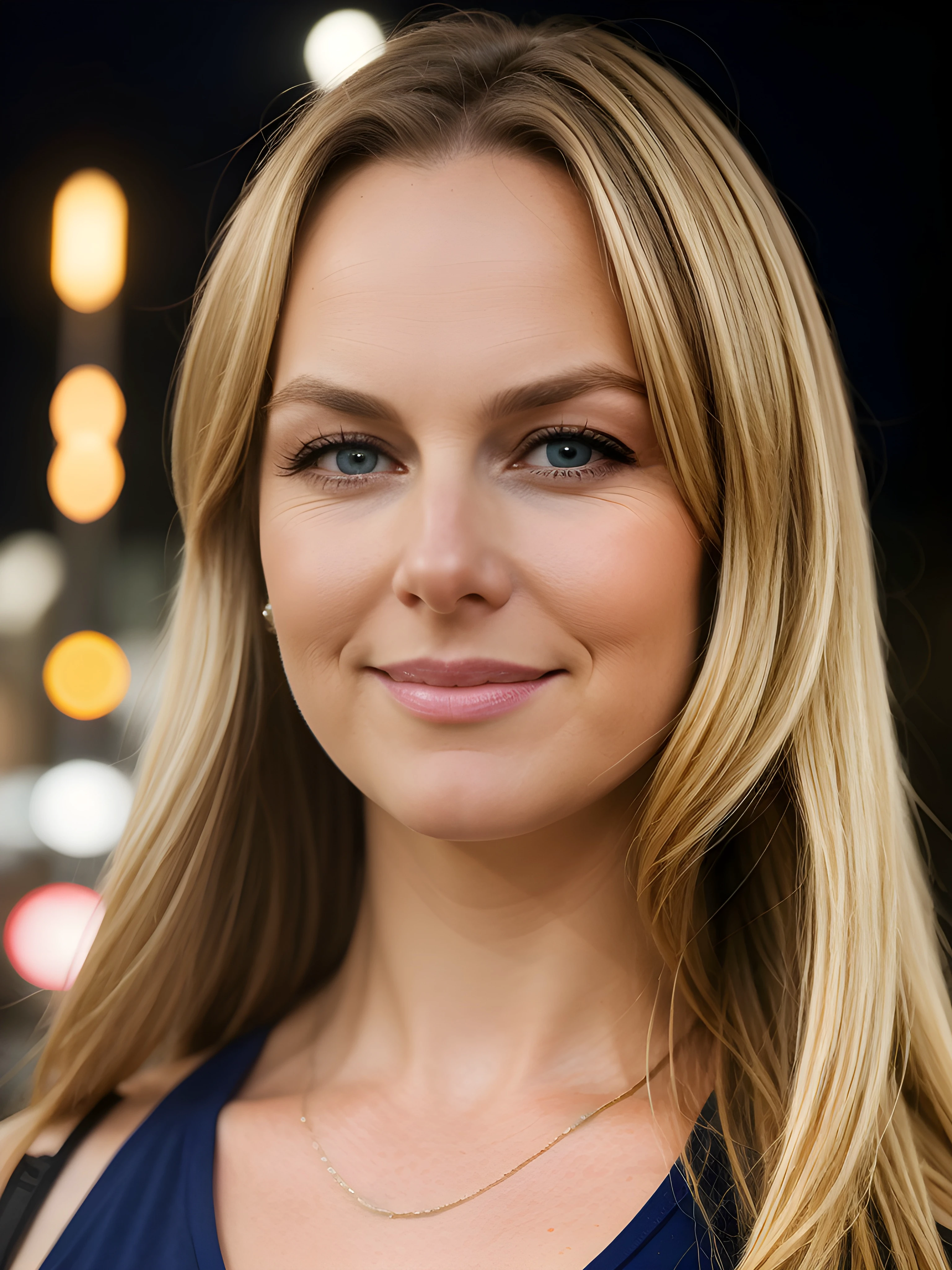 close-up portrait photo of M3l0r4H4rd1n_V2-Emb , blonde hair, in the middle of a busy night time street, 8k uhd, high quality, dramatic, bokeh, dramatic lighting, camera f1.6 lens , hyper realistic , lifelike texture