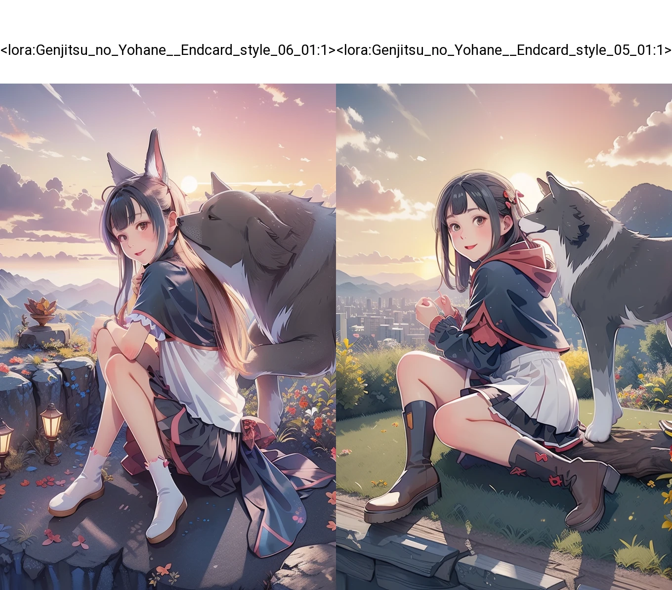 cute girl soars sitting on a broom, evening sunset, high above the horizon, above the ground, a colorized style by yohhh, <lora:Genjitsu_no_Yohane__Endcard_style_06_01:1>