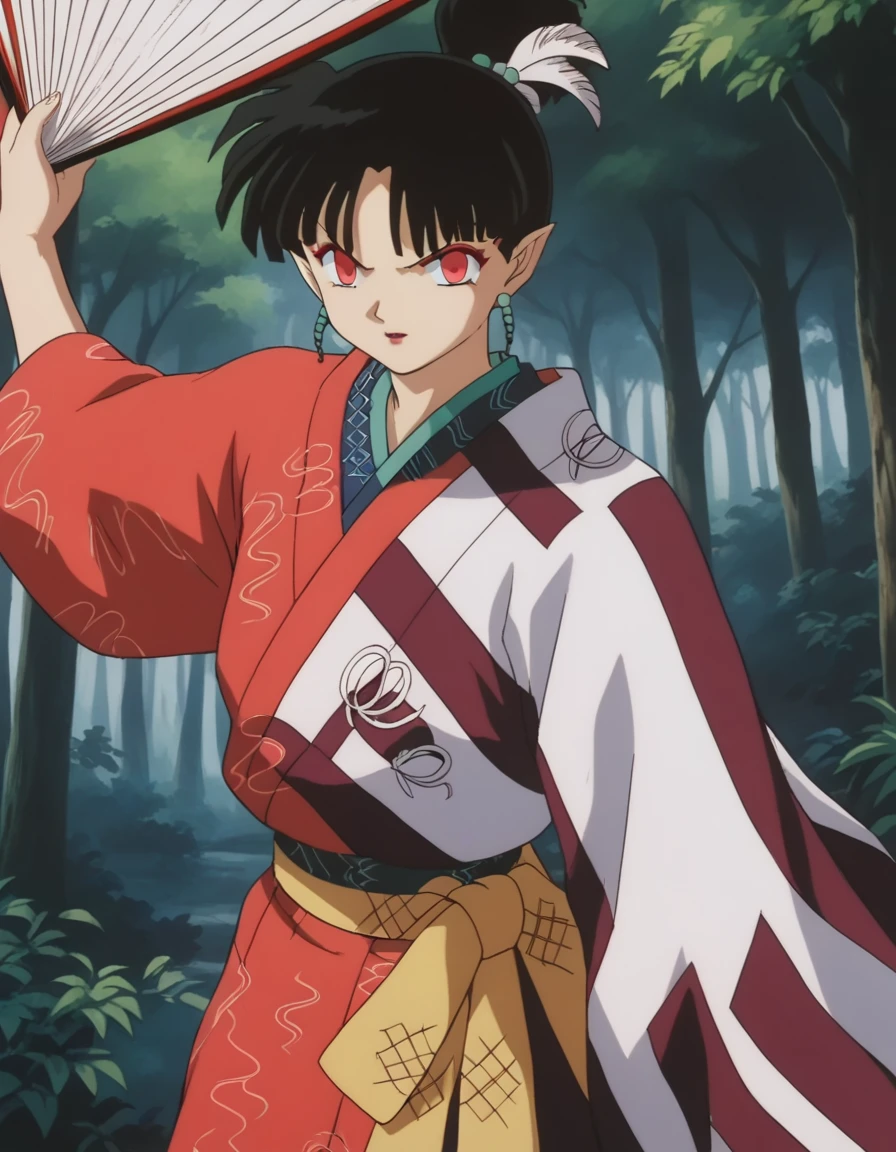 score_9, score_8_up, score_7_up, source_anime,
inuyashakagura, <lora:inuyasha-kagura-ponyxl-lora-nochekaiser:1>,
kagura, black hair, hair ornament, red eyes, pointy ears, makeup, feathers, feather hair ornament, ponytail,
jewelry, earrings, japanese clothes, kimono, makeup, hand fan, folding fan, red kimono, holding fan,
outdoors, forest, nature,
looking at viewer, fighting stance,