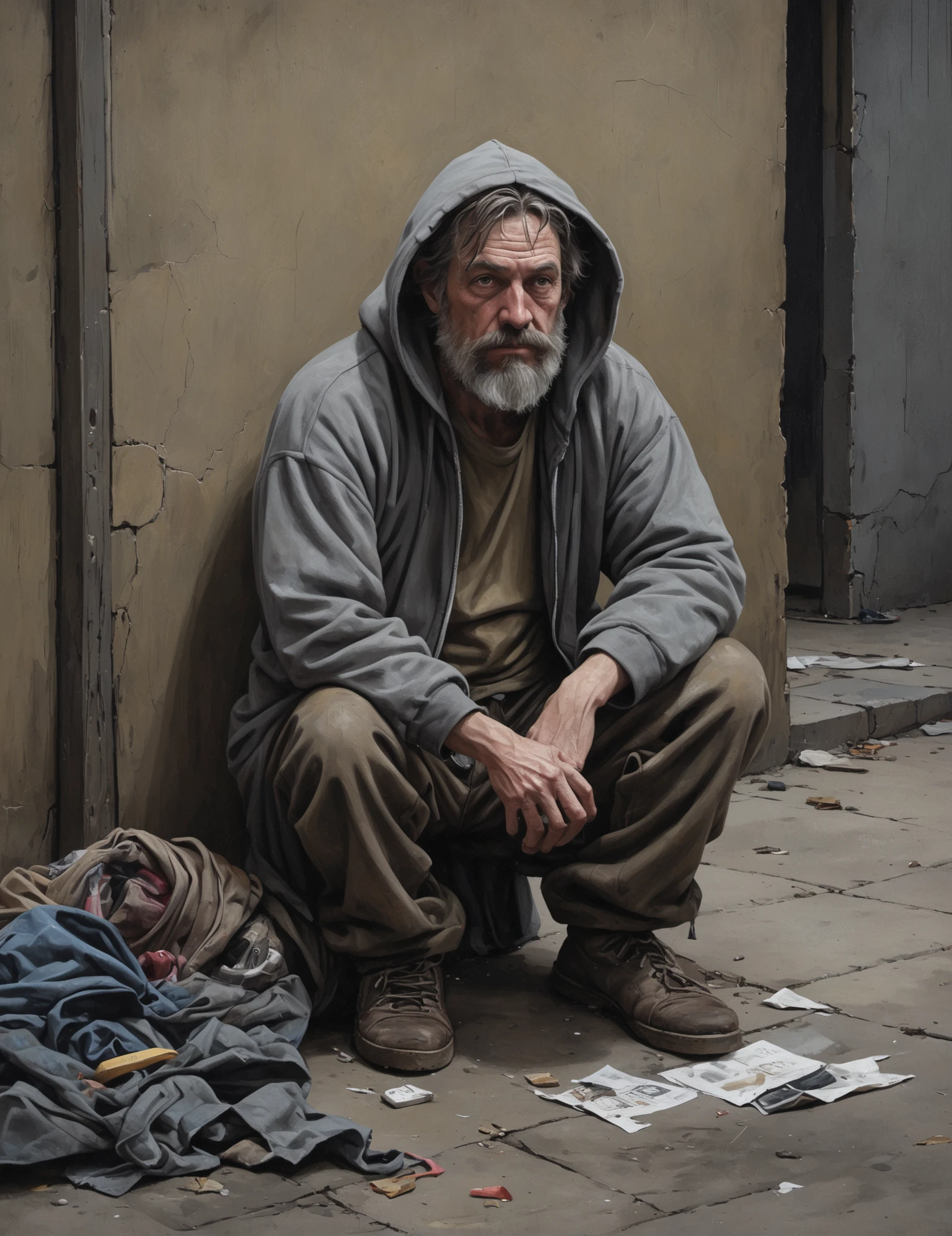 Wide-angle oil painting, (Large homeless man:1.3), Rule of thirds composition, Mustachioed figure, Tattered shorts, (Grimy hoodie:1.2), Dilapidated urban backdrop, Discarded items, Weathered pavement, Harsh lighting, (Heartbreaking scene:1.2), Captured with Winsor & Newton oils on canvas, Bold brushwork, Muted tones, Detailed textures