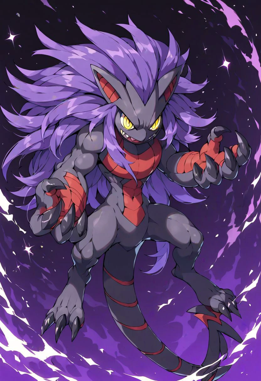 score_9, score_8_up,Custom pokemon, purple with hints of black and red, yellow eyes, claws for hands, long tail, black sparkles, purple haze, long wild hair red,  tails, big black claws, epic dynamic camera angle, matching claws, hardened,