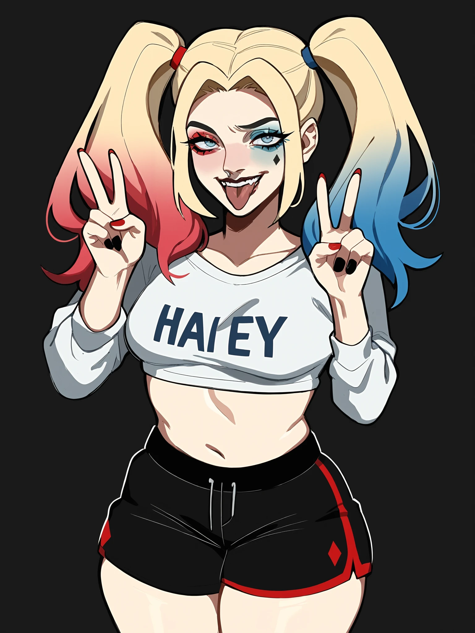 score_9, score_8_up, score_7_up, score_6_up, score_5_up, score_4_up,
BREAK
1girl, harley quinn, blonde hair, twintails, light blue eyes, eyeshadow, long eyelashes, tongue out,
BREAK
solo, black shorts, crop top, two-tone shirt, double peace, plump, thick thighs,
BREAK
black background, simple background, <lora:Lunas-Porqueloin-SDXL-A1:1>