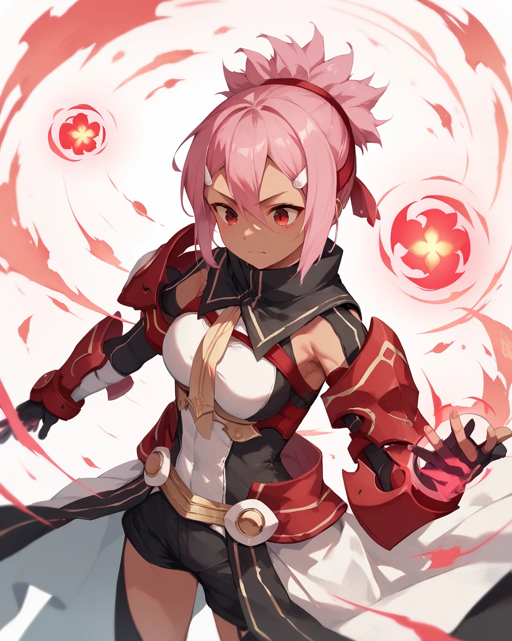 score_9, score_8_up, score_7_up,
<lora:Akamine_Yuuna_PONY:1>,1girl, solo, pink hair,short hair, red eyes,short ponytail, hair ornament,hair between eyes,black skin,armor, black shorts, Magic Girl,