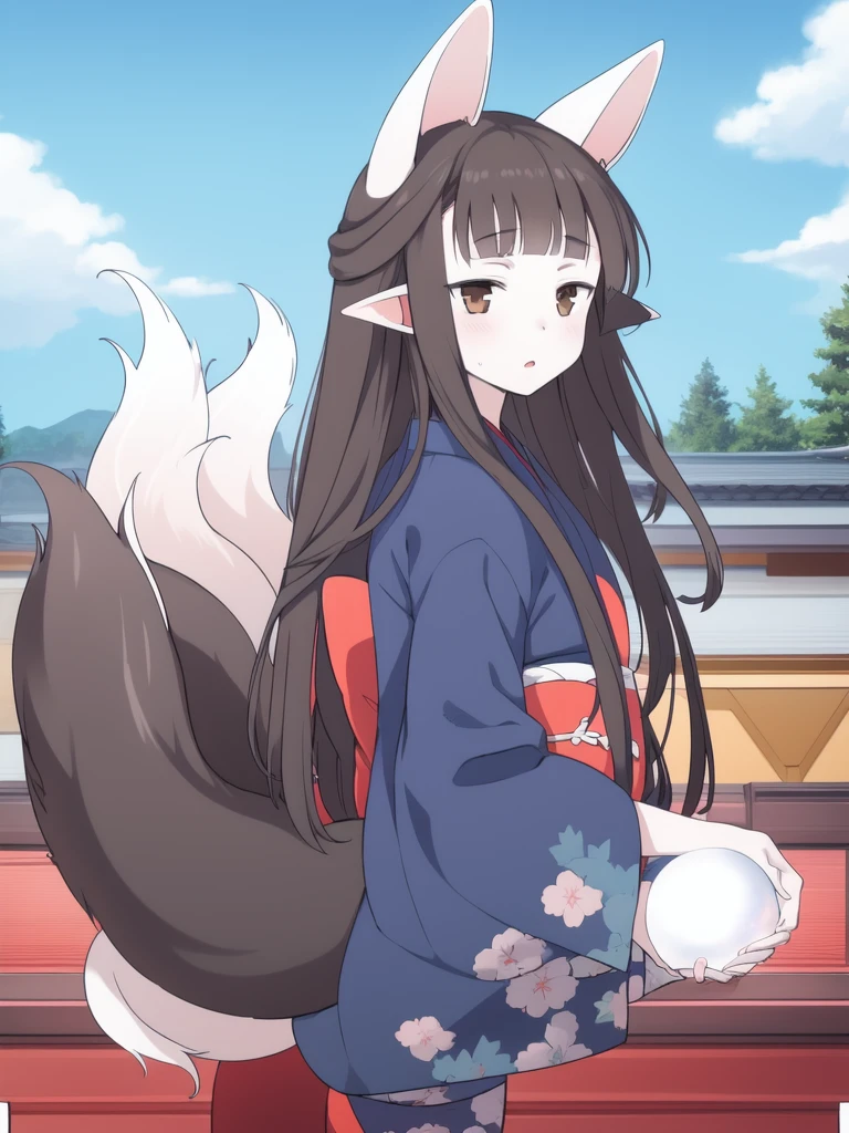 <lora:Hasaha_adult:1>, Hasaha_adult, 1girl, soro, brown eyes, animal ears, black hair, pointy ears, long hair, fox ears, bangs, blunt bangs, forest, sky, college age, 20 years old, full body, 
 japanese clothes, kimono, tail,  blue kimono, fox tail, crystal ball,
 masterpiece, high quality, very_high_resolution, large_filesize, full color,