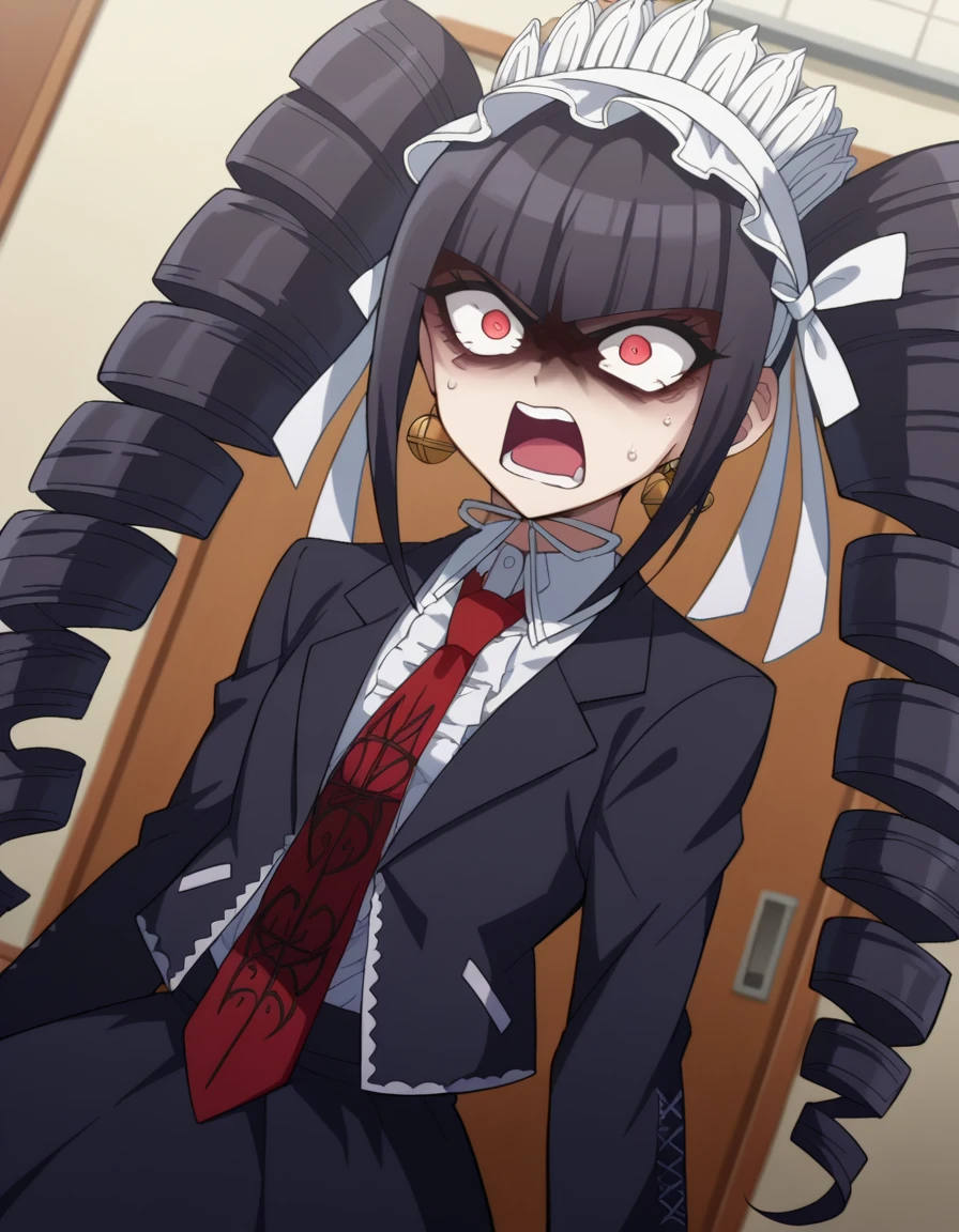 score_9, score_8_up, score_7_up, source_anime,
celestialudenberg, <lora:celestia-ludenberg-ponyxl-lora-nochekaiser:1>,
celestia ludenberg, long hair, bangs, black hair, red eyes, long sleeves, twintails, drill hair, twin drills, angry, anger vein, open mouth, shouting,
skirt, shirt, black hair, long sleeves, jewelry, jacket, earrings, frills, necktie, black skirt, black jacket, red necktie, bonnet, print necktie,
indoors, classroom,
looking at viewer, cowboy shot, dutch angle,