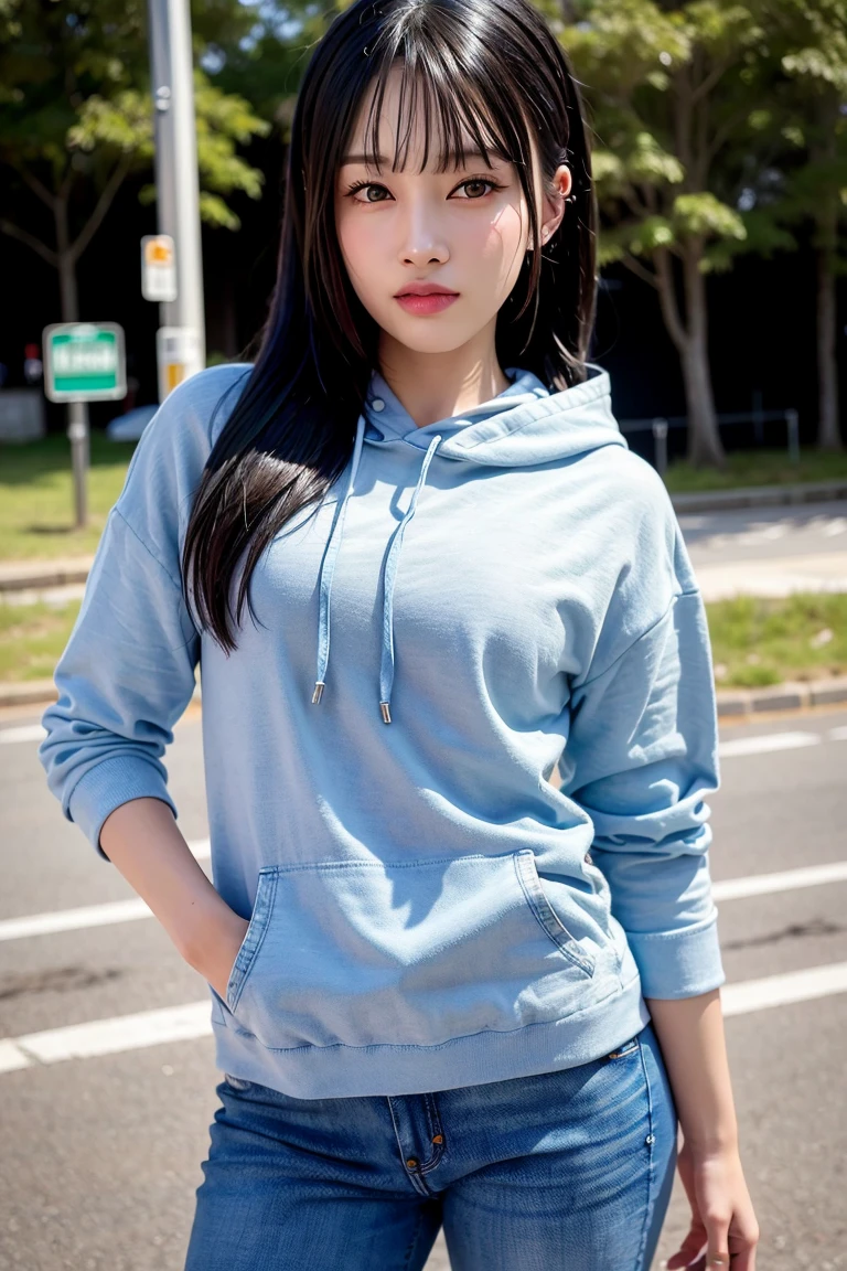 Angle of view that allows you to see the whole body、Put your arms behind your back、8K、Detailed Description、Very high definition、Realistic、reality的、Real、live-action、reality、High resolution、Nogizaka46、japanese idol,beautiful girl、21 years old、Dark brown eyes、sunny、summer、blue sky、City、light smile,closed mouth,hoodie、Tight denim pants、Long Hair、Headband、Knee-up-top angle of view、Back view、look back、Very black hair、pretty girl、Beauty、Glowing Skin、Glowing Skin、Shiny Hair、Hair blowing in the wind、Very white skin、Heavy makeup、Large Breasts、Slit eyes、Big Eyes、Dark brown eyes、Double eyelids、Don't show your teeth、