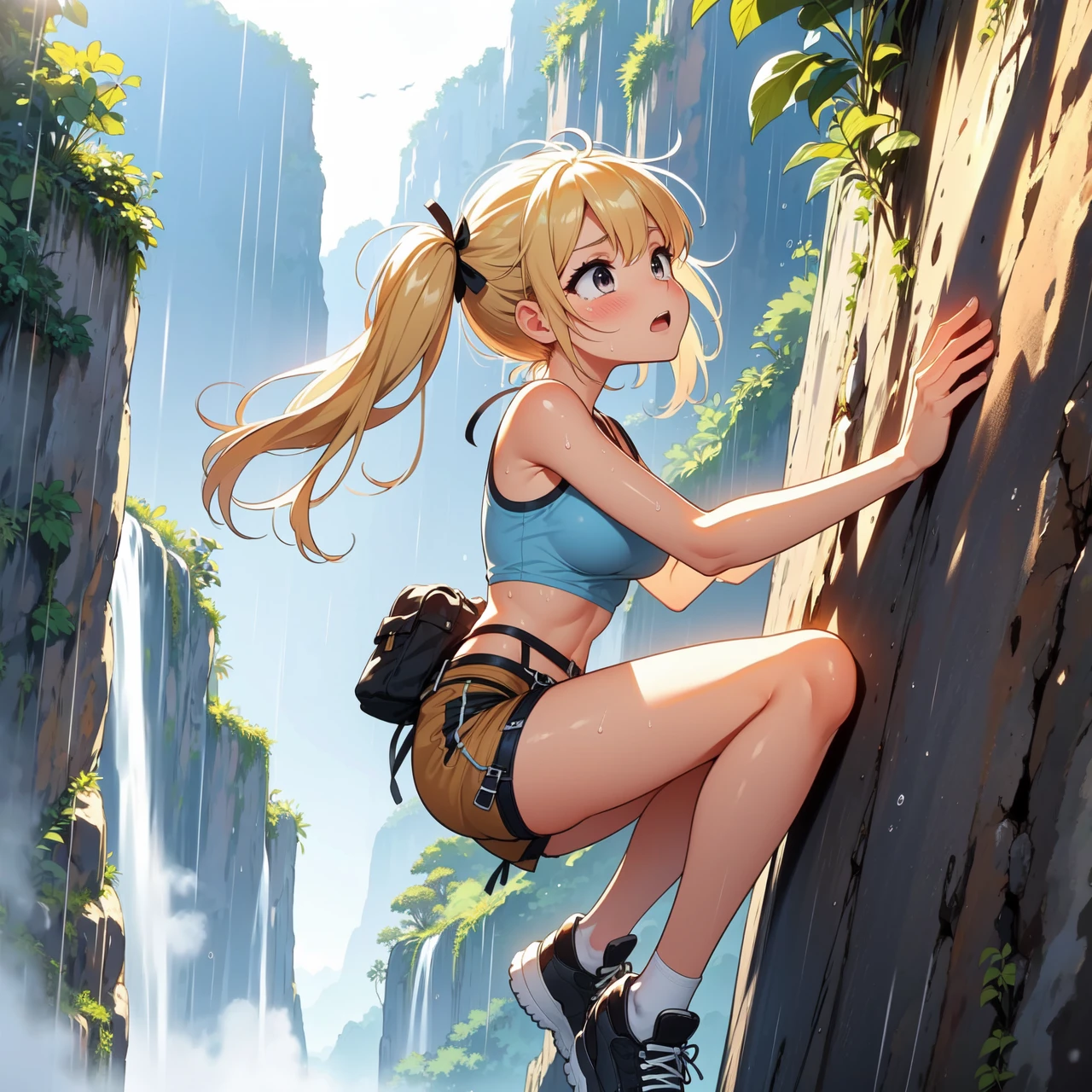 (((masterpiece))), (((best quality))), (((from below))), (((full body))), (((free solo climbing))), ((hands on cliff)), ((raise head)), ((sweat)), ((tan skin)), ((fluttering hair)), ((sneakers)), ((pendant)), (crop top), (shorts), holster, fog, sky, jungle, canyon, high sky, wind, solo, 1girl, cleavage, ((big tits)), open mouth, blonde hair, twintails, ribbon, shy, blush, slim figure, raining, <lora:girllikefreesoloclimbing:0.8>