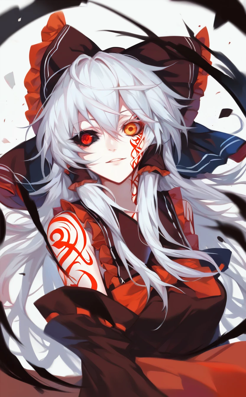 score_9, score_8_up, score_8, 1girl,maga-reimu,tattooing,dress,,Big bow <lora:祸SD32:1>,shrine,portrait,Wide sleeve,Reimu Hakurei, White hair,Anime,Red eyes,black_sclera,orange_eyes,mismatched_sclera,heterochromia,portrait,dark_persona