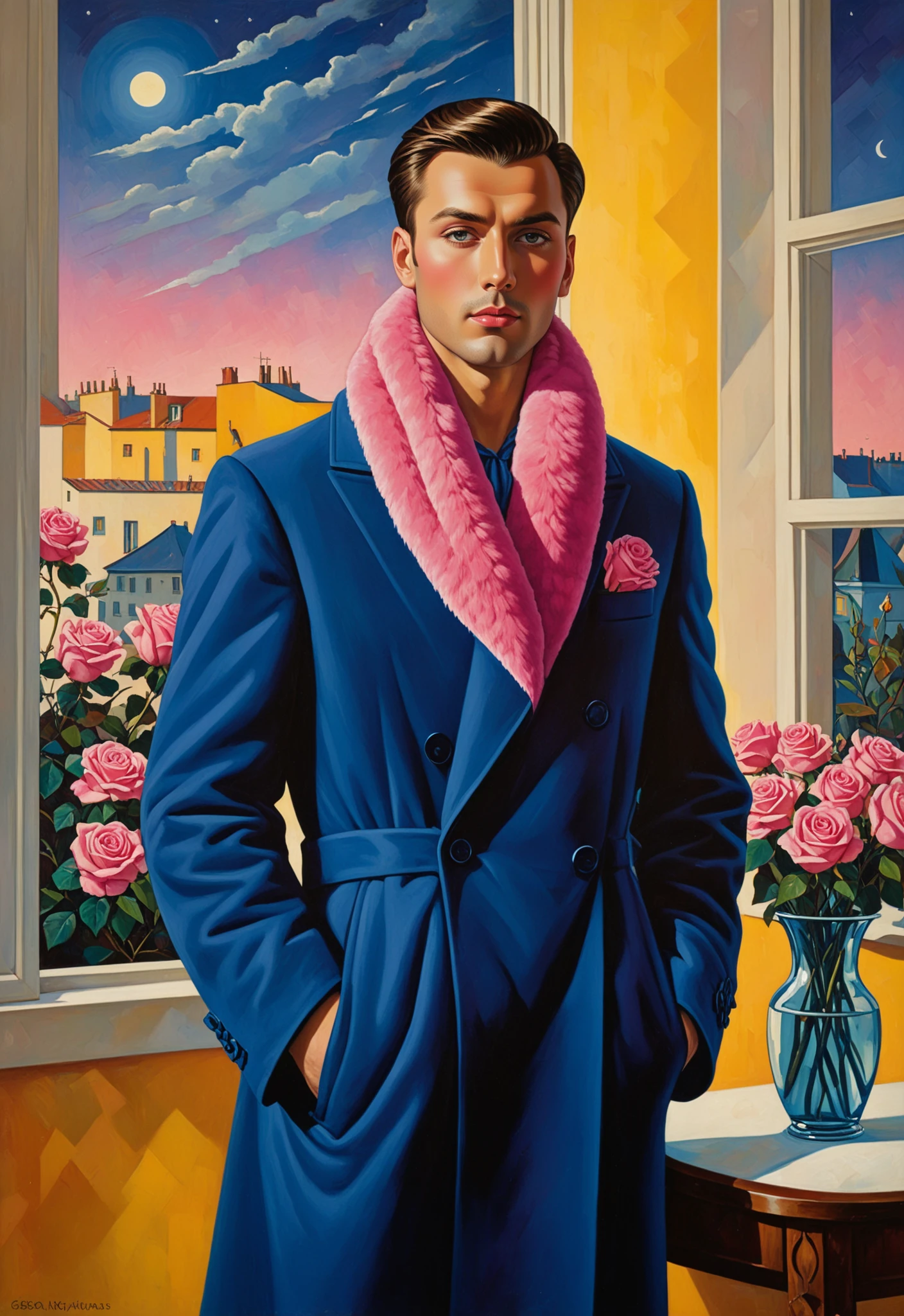 (Georgy Kurasov art:1.5), A painting of an elegant man with short hair wearing a blue long coat and pink fur scarf, in the style of Gottfried Helnwein, with a yellow wall background, a window on the left side, roses in the right bottom corner, and moonlight in the night sky, in the style of John Brack