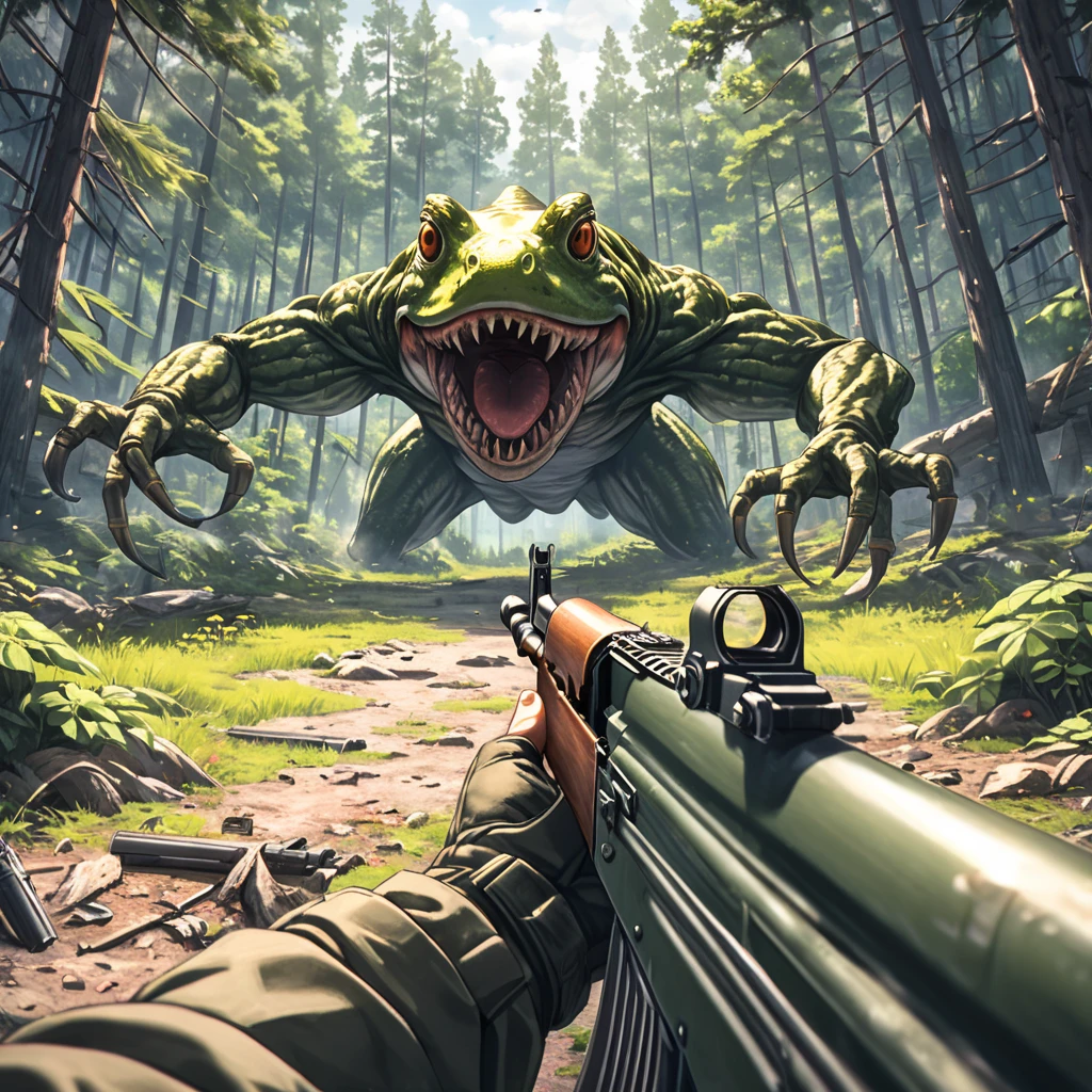 anime style, a cinematic shot of a first person shooter, aiming with a ak-47, call of dudy, shooting a (giant frog:1.2), magical forest with mushrooms in background, AK47 Pov, HD, masterpiece, best quality, hyper detailed, ultra detailed