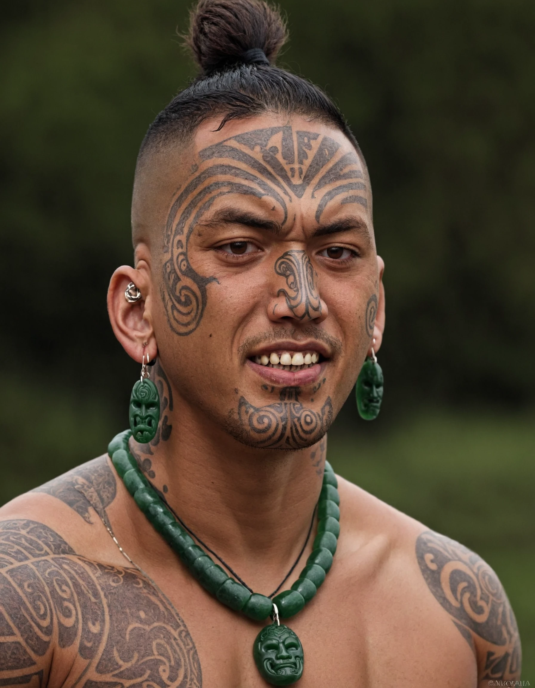 AotearoaMatariki, solo, 1boy, brown eyes, jewelry, male focus, teeth, facial tattoo, tattoo, moko, chin tattoo, tan skin, dark skinned male, necklace, bone carving necklace, jade carved earrings, pasifika, maori, polynesian, mature male, Aotearoa, <lora:MatarikiAotearoaXL:0.8>