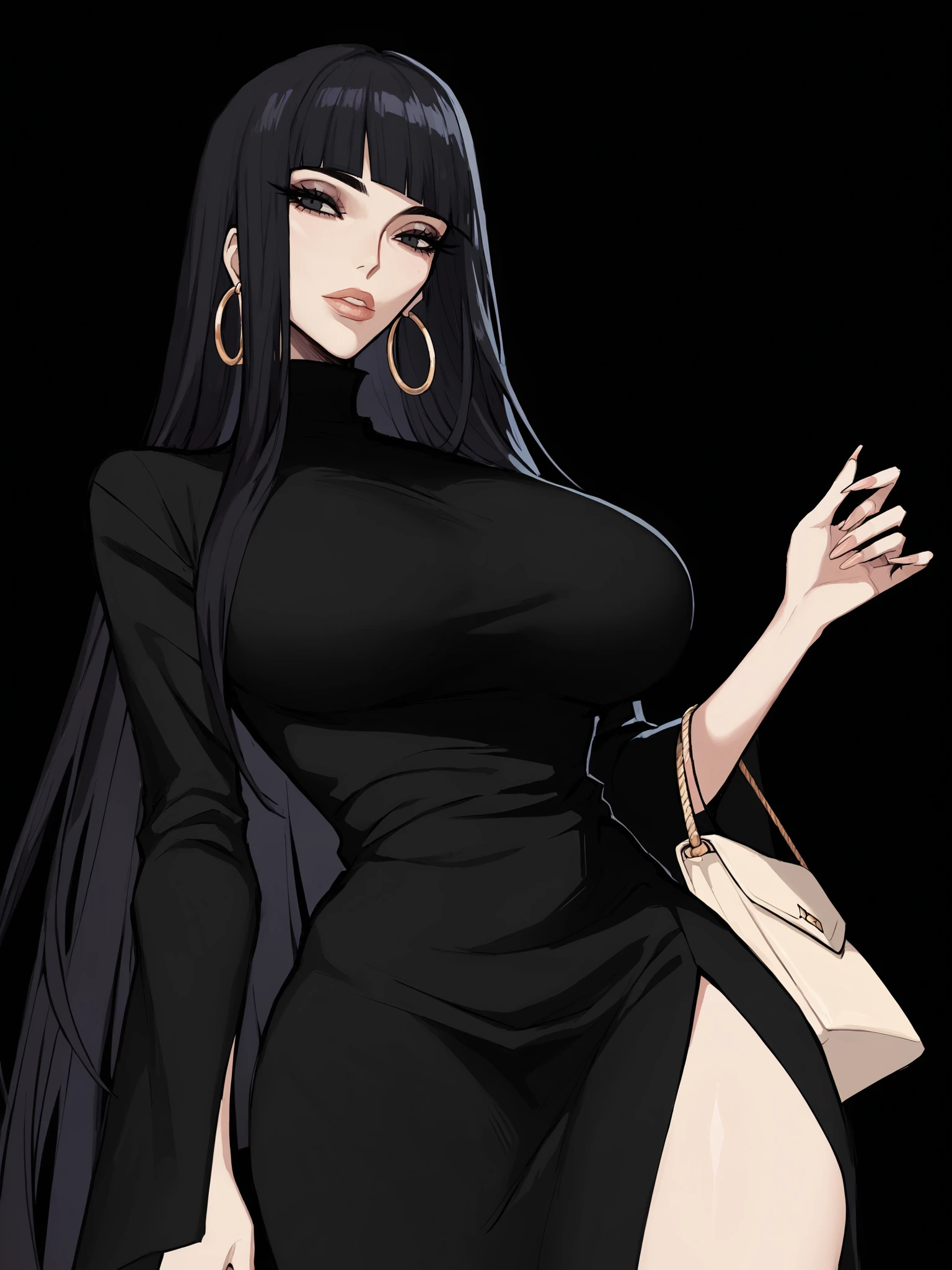 score_9, score_8_up, score_7_up, score_6_up, score_5_up, score_4_up,
BREAK
1girl, black hair, hime cut, blunt bangs, straight hair, black eyes, long eyelashes, hoop earrings,
BREAK
solo, from below, black dress, large breasts, side slit, holding purse,
BREAK
black background, dark, simple background, <lora:Lunas-Ennuigrl-SDXL-A1:1>