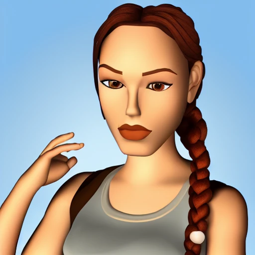 <lora:Vintage_Lara_Croft:1> 1 girl, solo, brown hair, braid, single braid, (brown eyes(, wearing tank top, lips, looking at the viewer, close up ((portrait)), focus on face, blurred background, waterpark, fingerless gloves