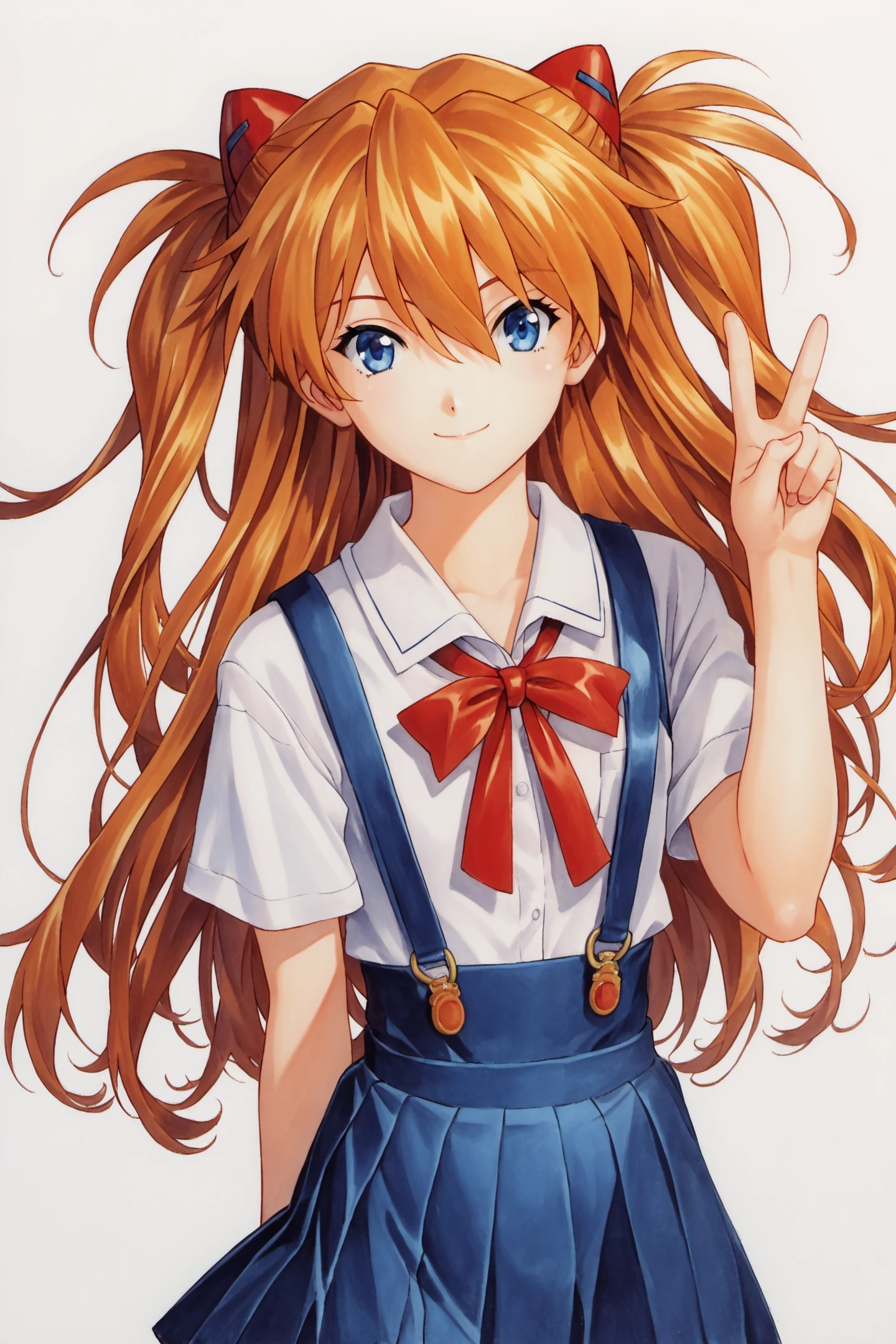 1girl,souryuu asuka langley,solo,long hair,school uniform,blue eyes,smile,white background,ribbon,shirt,simple background,orange hair,short sleeves,skirt,red ribbon,neck ribbon,white shirt,bangs,hair between eyes,looking at viewer,tokyo-3 middle school uniform,signature,closed mouth,two side up,hair ornament,suspender skirt,interface headset,suspenders,v,cowboy shot,blue skirt,traditional media,score_9,score_8_up,<lora:Kosuke Fujishima_XL_PONY:0.9>,