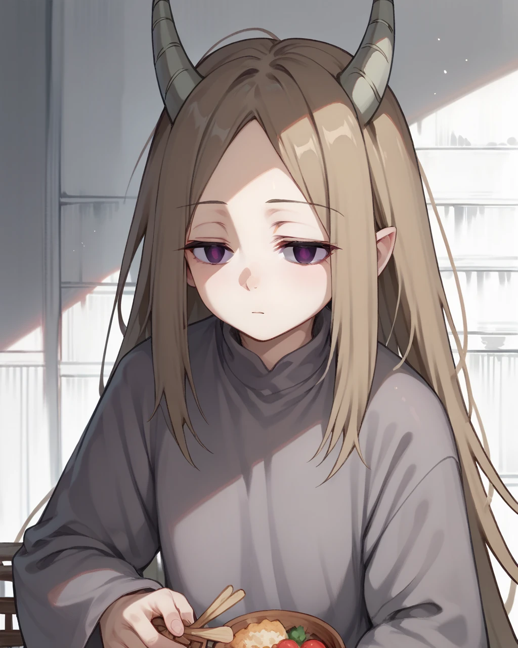 score_9, score_8_up, score_7_up,
<lora:demon_girl_PONY:1>,demon girl,1girl, horns, solo,very long hair,empty eyes, purple eyes, grey shirt,brown hair,demon girl, long sleeves,jitome,