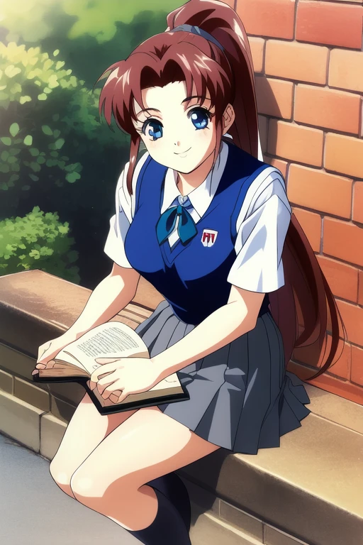 <lora:yoshino_tomomi:0.8>,  yoshinotomomi, 1girl, soro, long hair, brown hair, blue eyes, ponytail, high ponytail, medium breasts,  book, smile, skirt, holding, sitting, outdoors, looking at viewer, short sleeves, retro artstyle, 1990s (style), pleated skirt, school uniform,
masterpiece, high quality, very_high_resolution, large_filesize, full color,