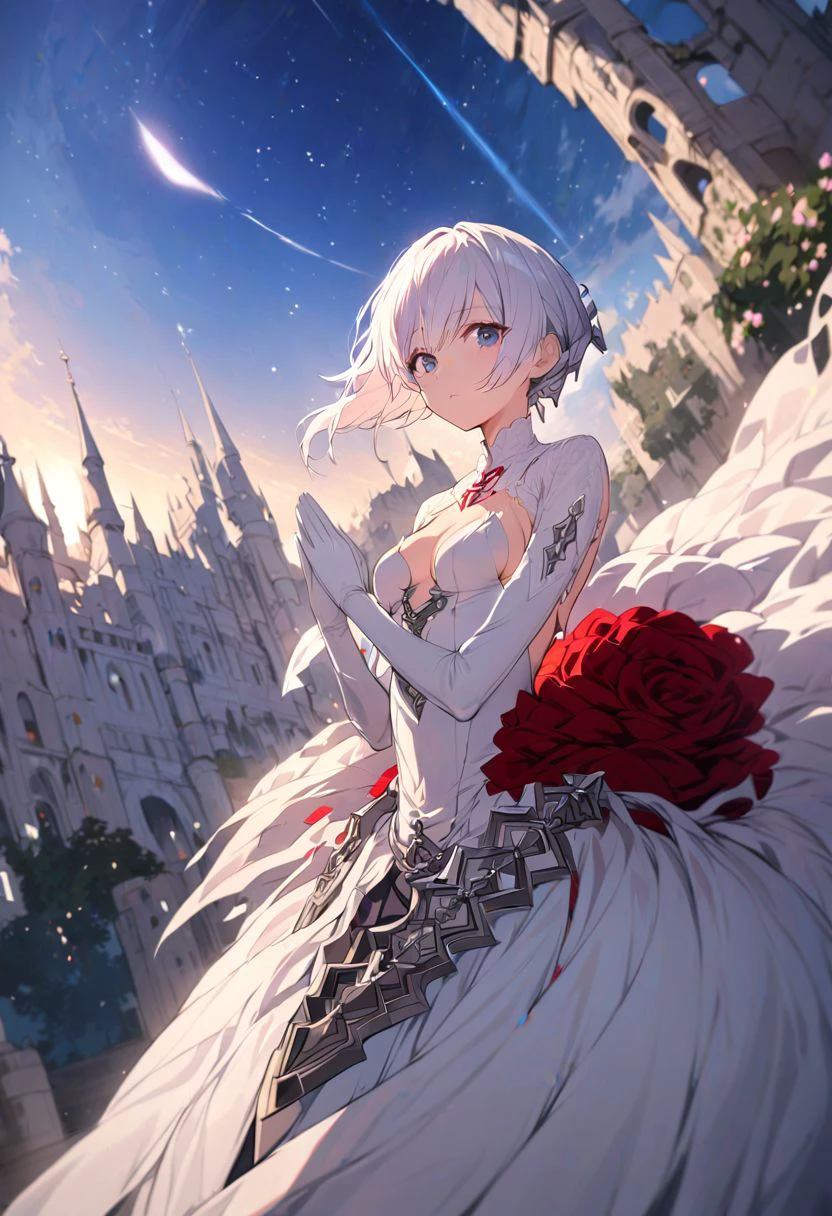 white eyes, white hair, short hair,  small breast, 
skirt,thighhighs, cleavage,weapon,flower,elbow gloves,white gloves, white dress, black boots,
looking at viewer,(praying to the sky ), at now castle , view dynamic angle, best quality ,masterpiece, high resolution, detailed,