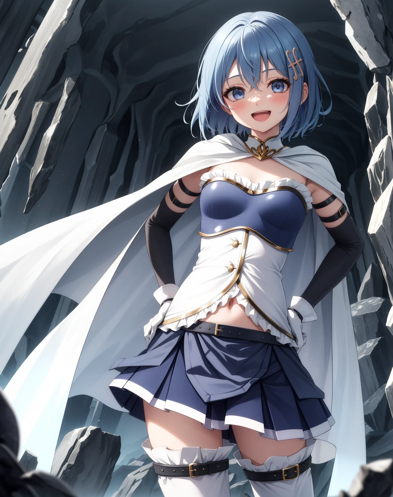 masterpiece, best quality, highres,
MikiAi, 1girl, solo, blue eyes, blue hair, blush, smile, short hair, open mouth, hairclip, hair ornament, musical note hair ornament, musical note, fortissimo,
skirt, gloves, :d, midriff, belt, cape, magical girl, armband, thighhighs, belt, white thighhighs, zettai ryouiki, white cape, white gloves,
standing, cowboy shot, looking at viewer, hands on own hips, outdoors, cave, darkness, shadow, stalactite, <lora:Miki:1>