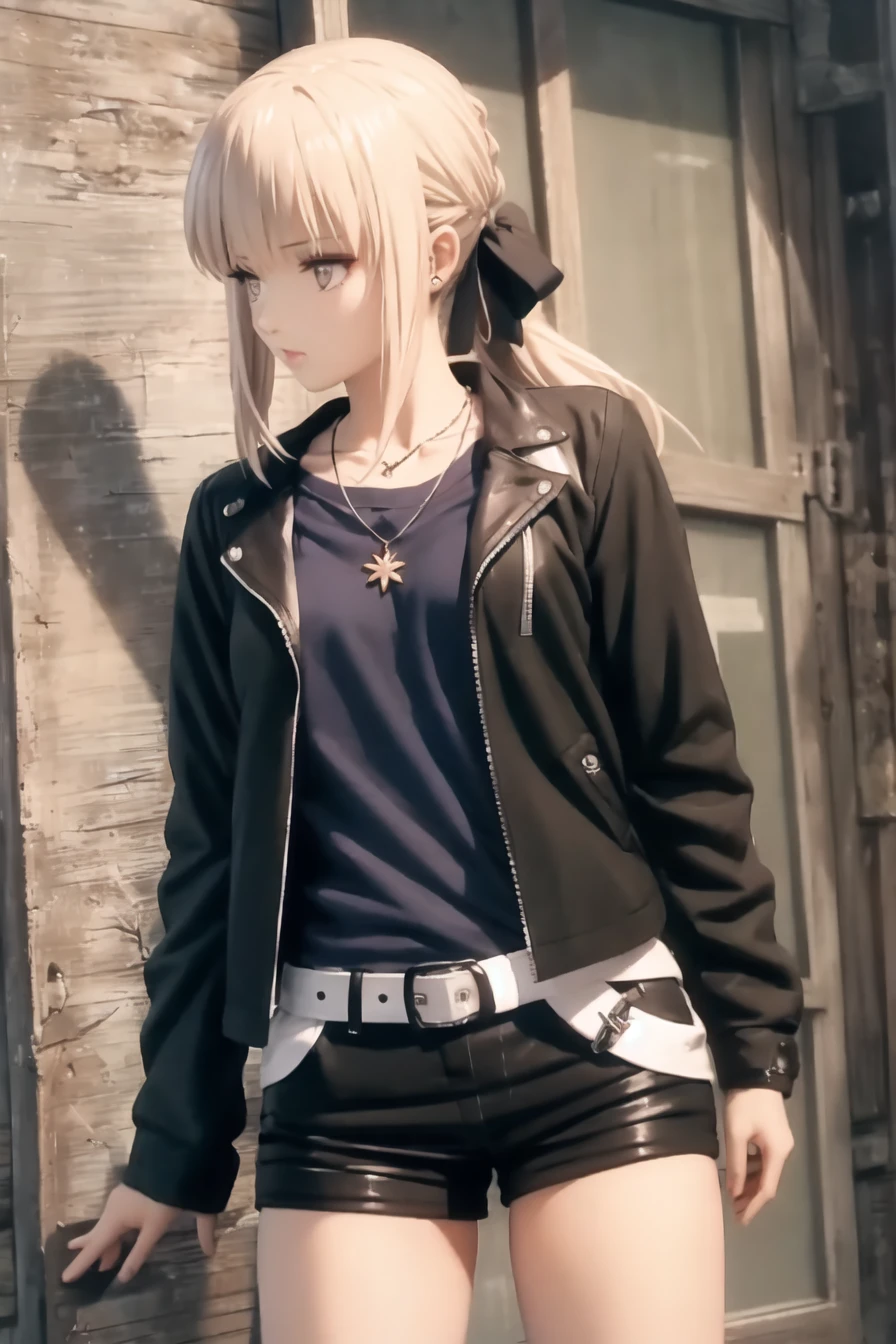 (masterpiece),best quality,,<lora:fate_saberalter-10:0.75>,sabaltblack, long hair, ponytail, hair ribbon, black jacket, black shirt, black shorts, short shorts, belt, jewelry, necklace