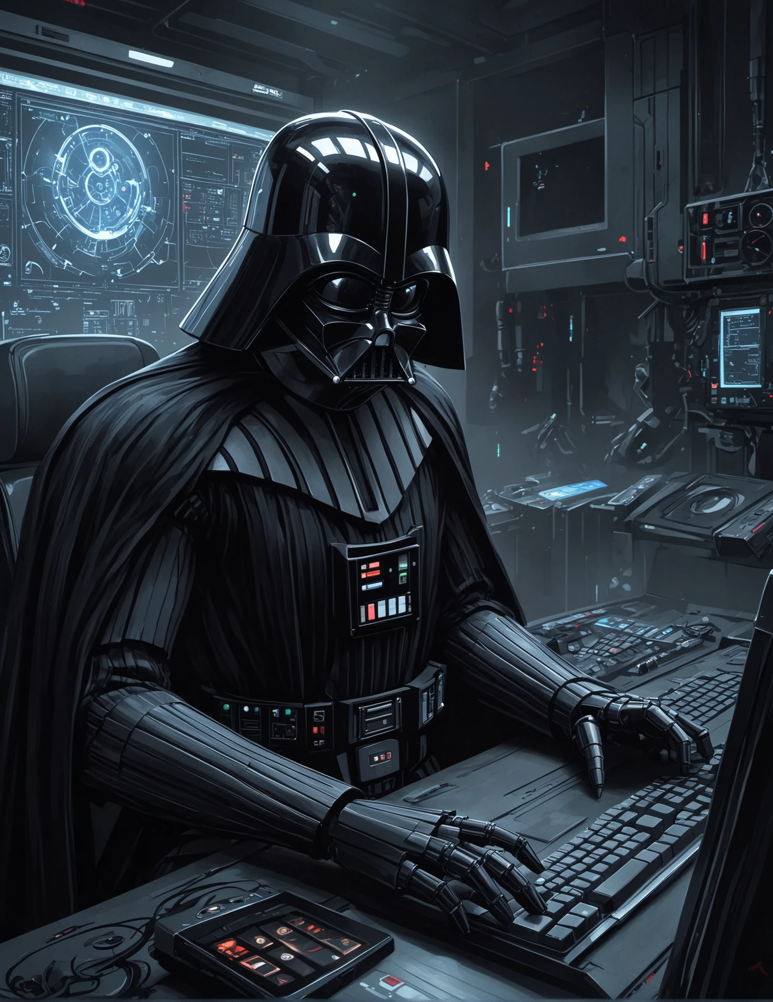 High angle anime-style illustration, Darth Vader:1.4, (Intense workplace setting:1.3), Focused on computer screen, Elaborate mechanical details, Profound concentration, (Dark shadows:1.3), Glowing screen light, Dramatic contrast, Evokes anticipation, Detailed robotic features, Captured with digital painting techniques