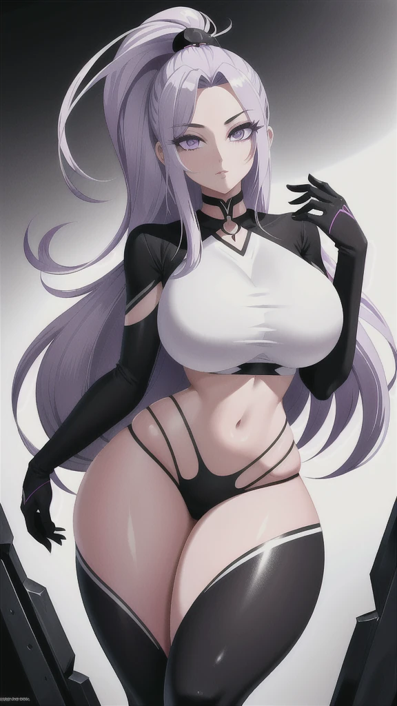 average ass, droppy ass, symmetrical ass, large sized boobs, symmetrical boobs, 16k cg wallpaper, 16k ultra hd, 8k cg wallpaper, 8k ultra hd, photograpic, wide hips, wide waist, well defined six pack, 170cm tall, 65kg weight, symmetrical body, well proportioned body, ponytail, gray, long hair, purple eyes, purple iris, black pupil, white sclera, symmetrical eyes,