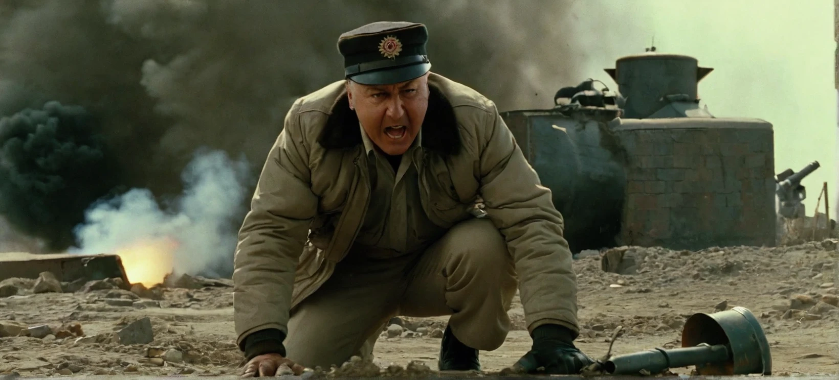 A tense, cinematic film still of a mad bomber planting an explosive device, their expression a twisted blend of avarice and unsettling calm as they meticulously carry out their destructive plan.