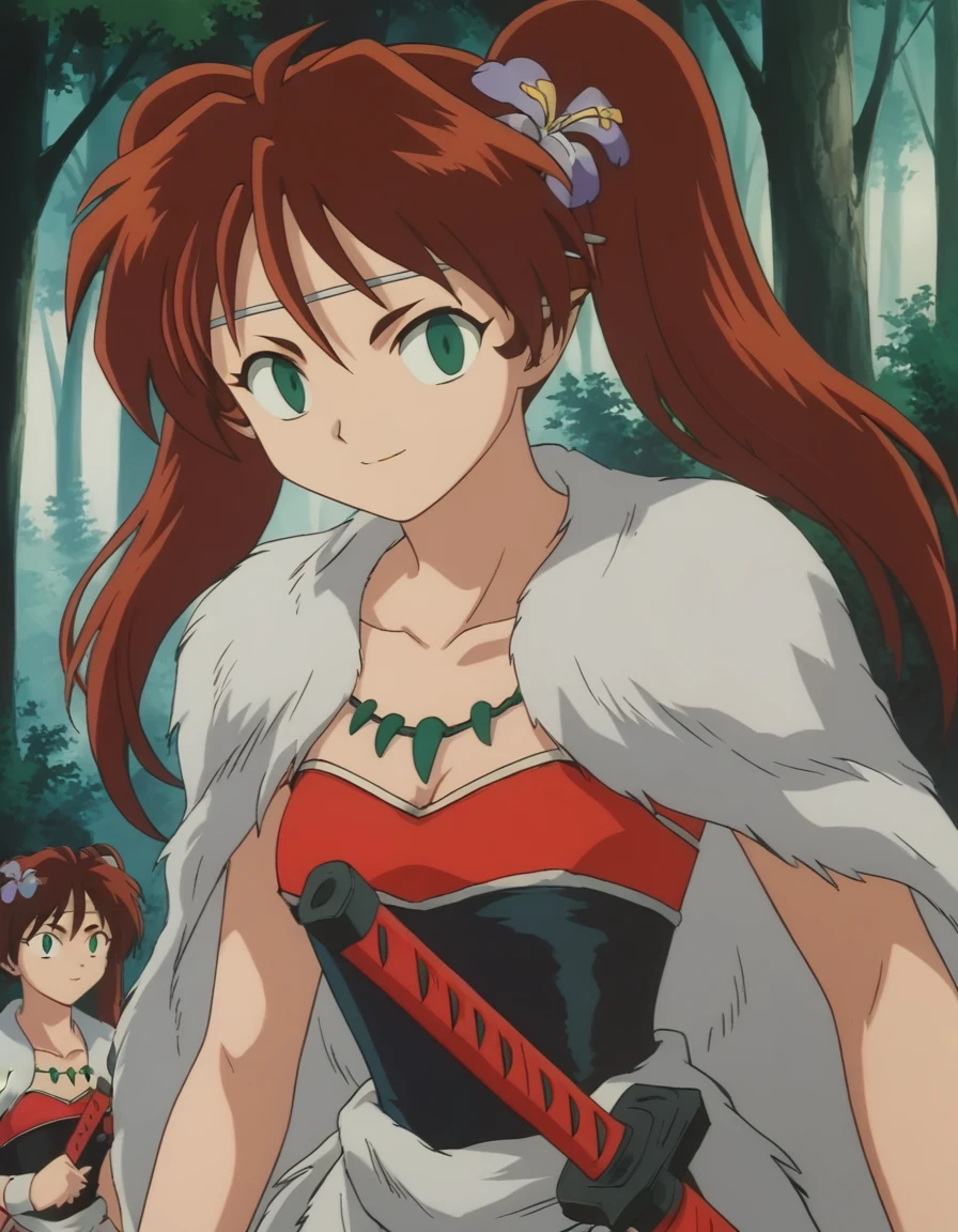 score_9, score_8_up, score_7_up, source_anime,
inuyashaayame, <lora:inuyasha-ayame-ponyxl-lora-nochekaiser:1>,
ayame, long hair, brown hair, hair ornament, twintails, green eyes, flower, red hair, sword, hair flower, smile,
jewelry, necklace, cape, collarbone, fur trim,
outdoors, forest, nature,
looking at viewer,