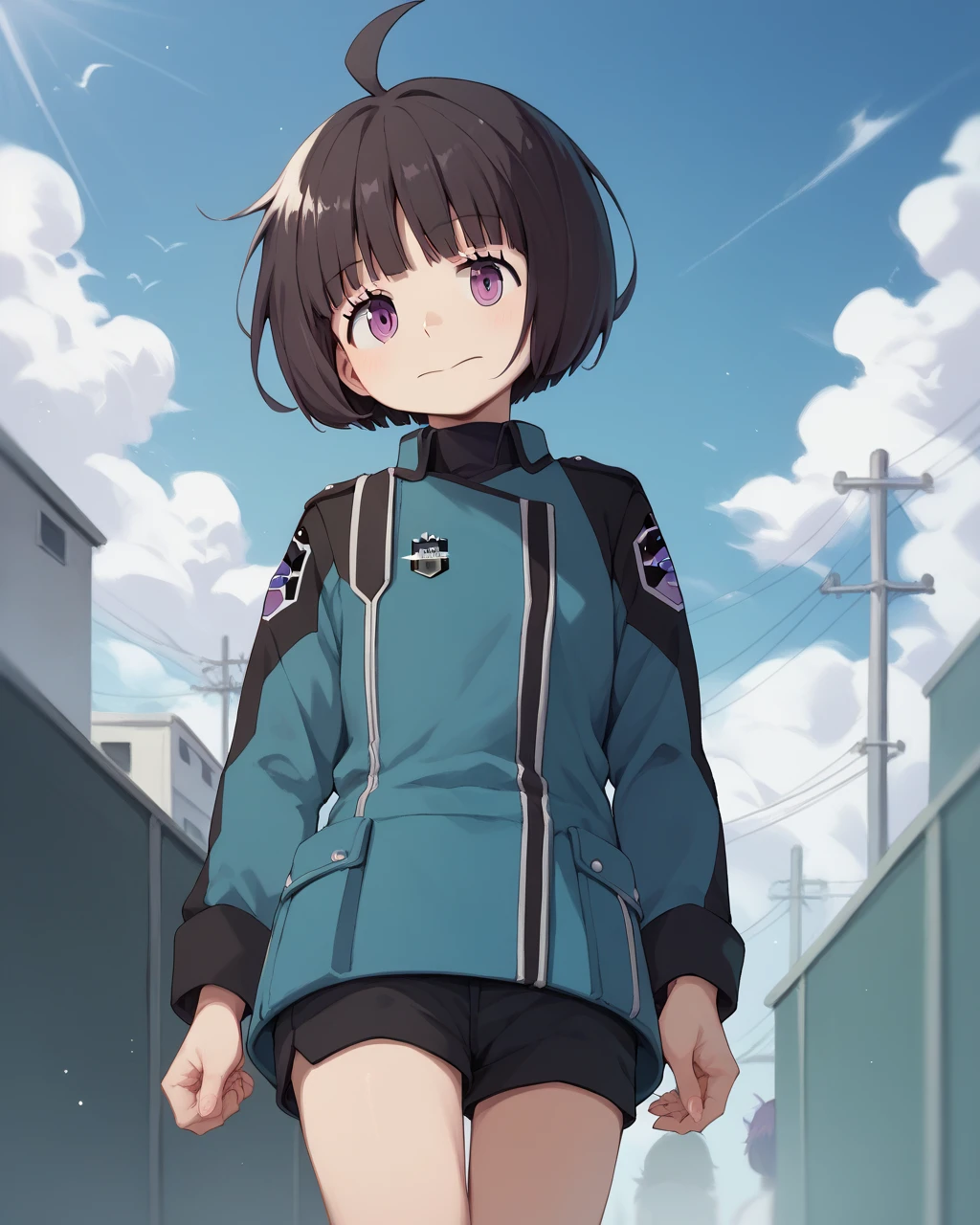 score_9, score_8_up, score_7_up,
<lora:Amatori_Chika_PONY:1>,amatori chika,1girl,solo,short hair, black hair,purple eyes,ahoge, blunt bangs,bob cut, blue jacket, uniform,short black shorts,
