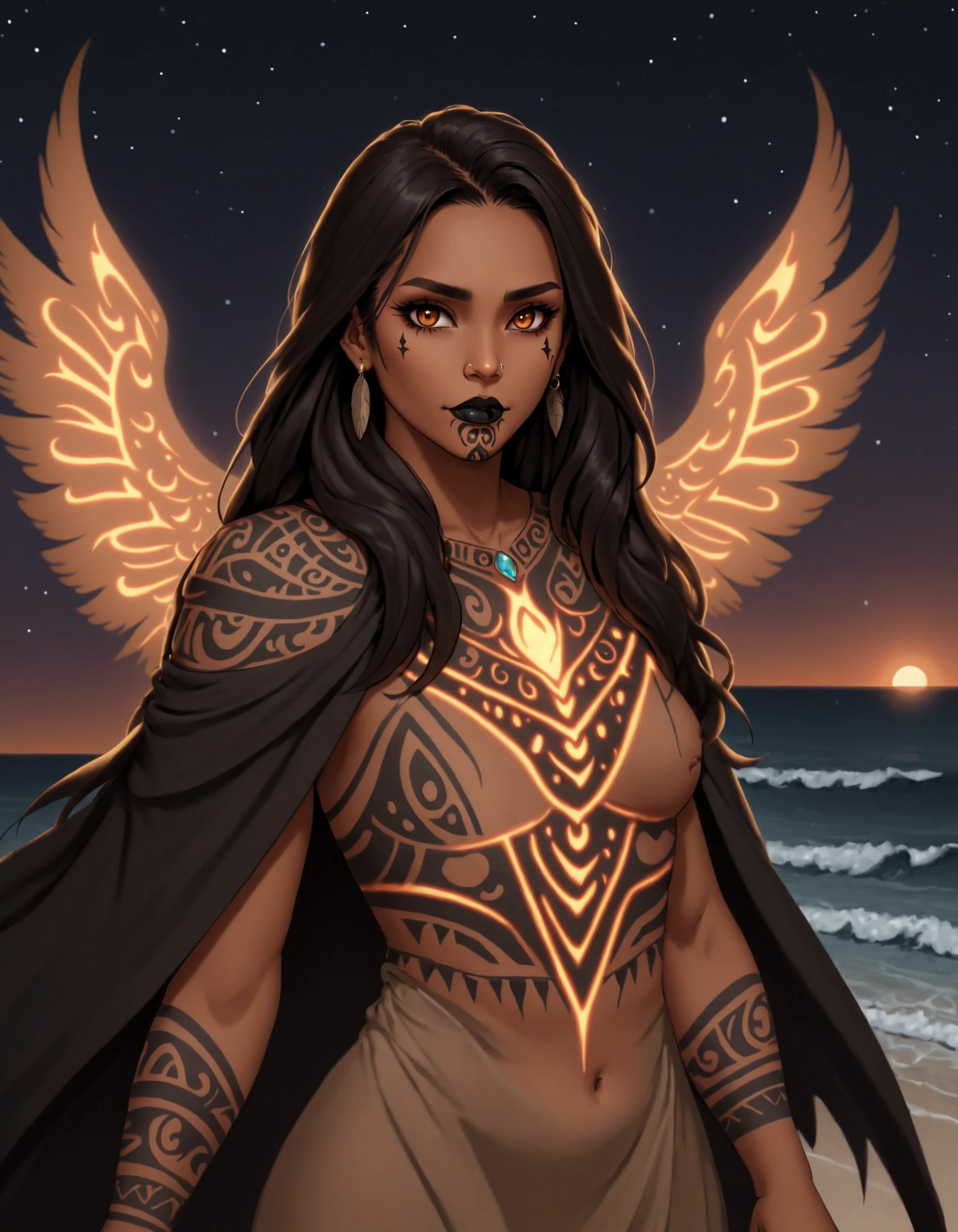 AotearoaMatariki, 1girl, solo, long hair, tattoo, facial tattoo, black lipstick, chin tattoo, tribal tattoo, Maori, polynesian, tan skin, tan skinned female, black hair, covered, shirt, glowing eyes, fission, brown eyes, jewelry, upper body, makeup, lipstick, cloak, feathered cloak, covered, dress, tribal dress, demon wings, outdoors, by the ocean, dusk, moon, night sky, stars, glowing, magic, 4 point perspective, vantage point, embers, <lora:MatarikiAotearoaXL:0.8>