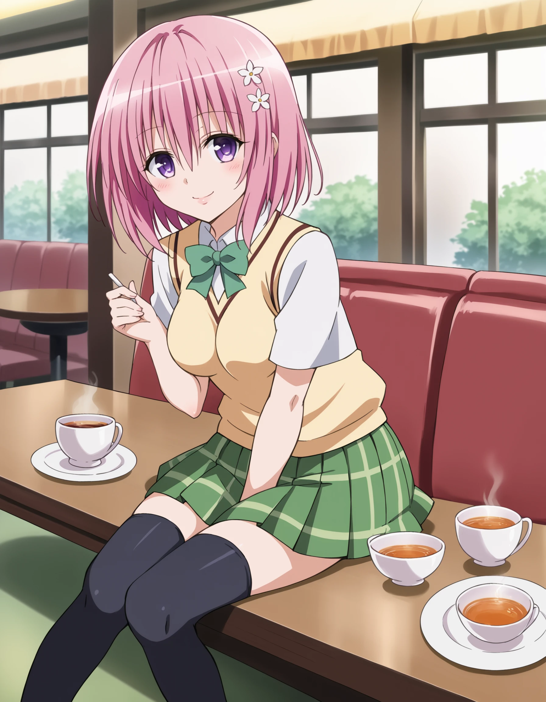 score_9, source_anime, anime coloring, momodevil, 1girl, solo, <lora:momodevilvXLPonyV1-000006:0.7>, To Love-ru, momo velia deviluke, bob cut, short hair, pink hair, purple eyes, medium breasts, bright colors, pastel, bright pink hair, sainan high school uniform, white shirt, green skirt, (pleated skirt:1.4), green bow, black thighhighs, uwabaki, orange sweater vest, flower, sitting at table, sitting on chair, cafe, tea, looking at viewer, smile, happy, blush, (pink lips:0.8)