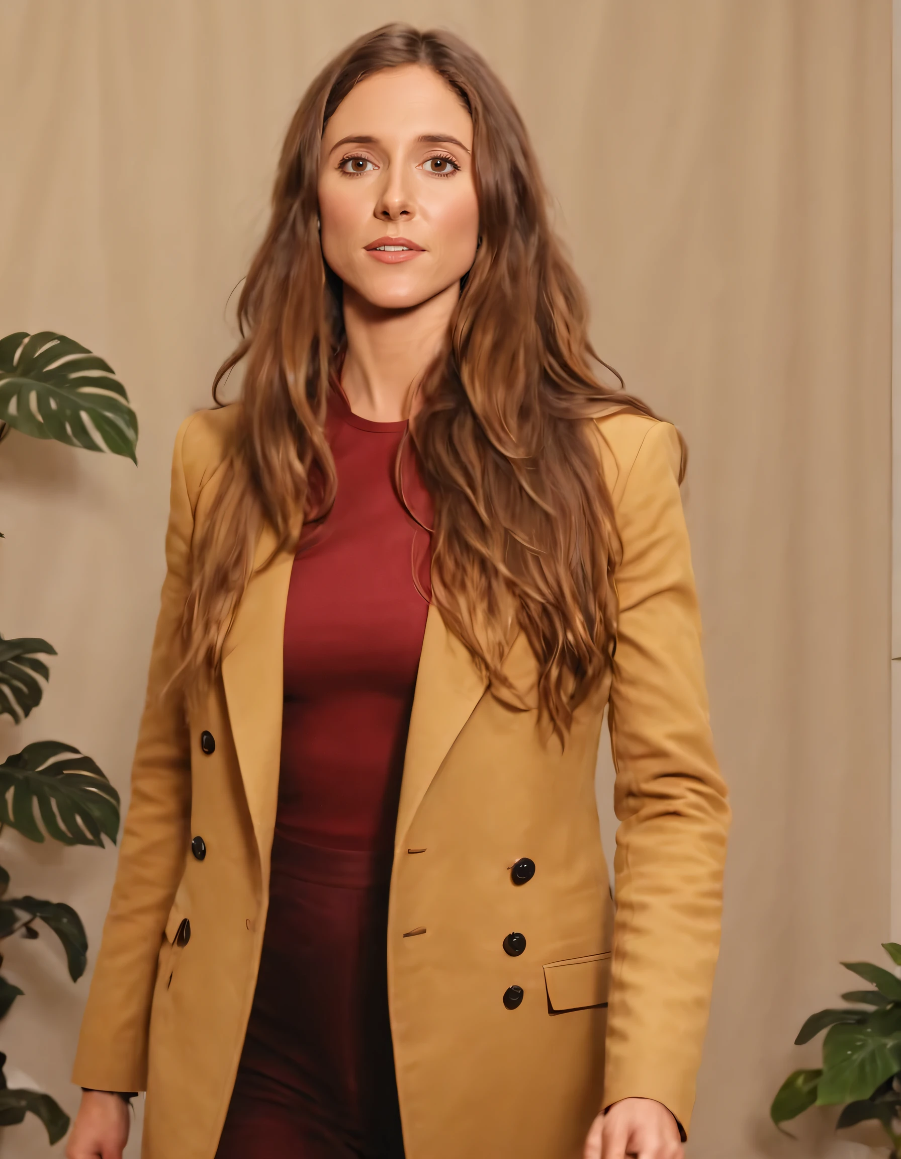 Ellen Burbidge, with her signature long, lustrous brown hair flowing gently behind her and radiant brown eyes filled with determination, walked confidently towards the viewer, effortlessly carrying herself as a successful female entrepreneur. <lora:ikxogj18e59c39d30r85:1>