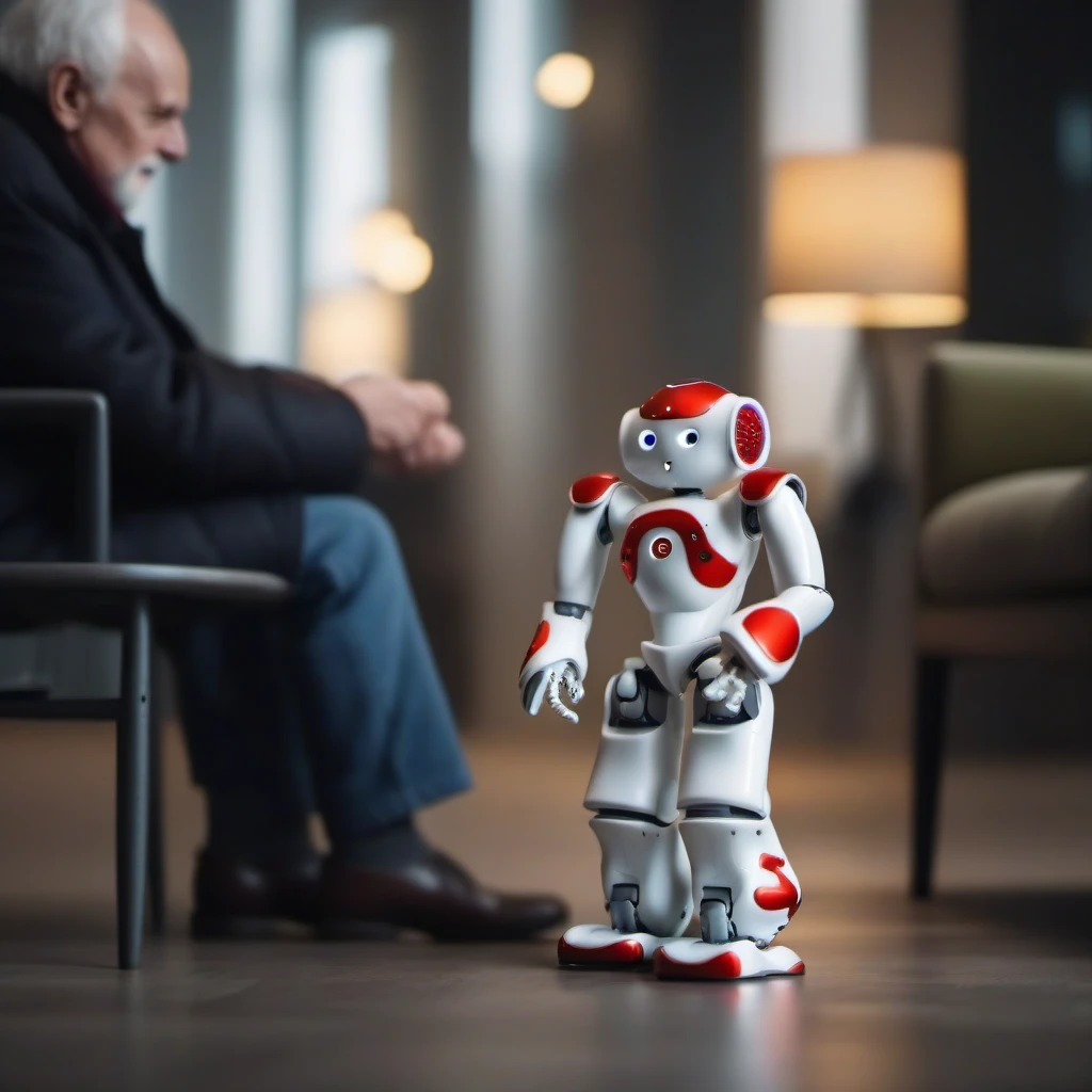 cinematic photo a small robot  helps an old man<lora:Nao1024:0.8> . 35mm photograph, film, bokeh, professional, 4k, highly detailed