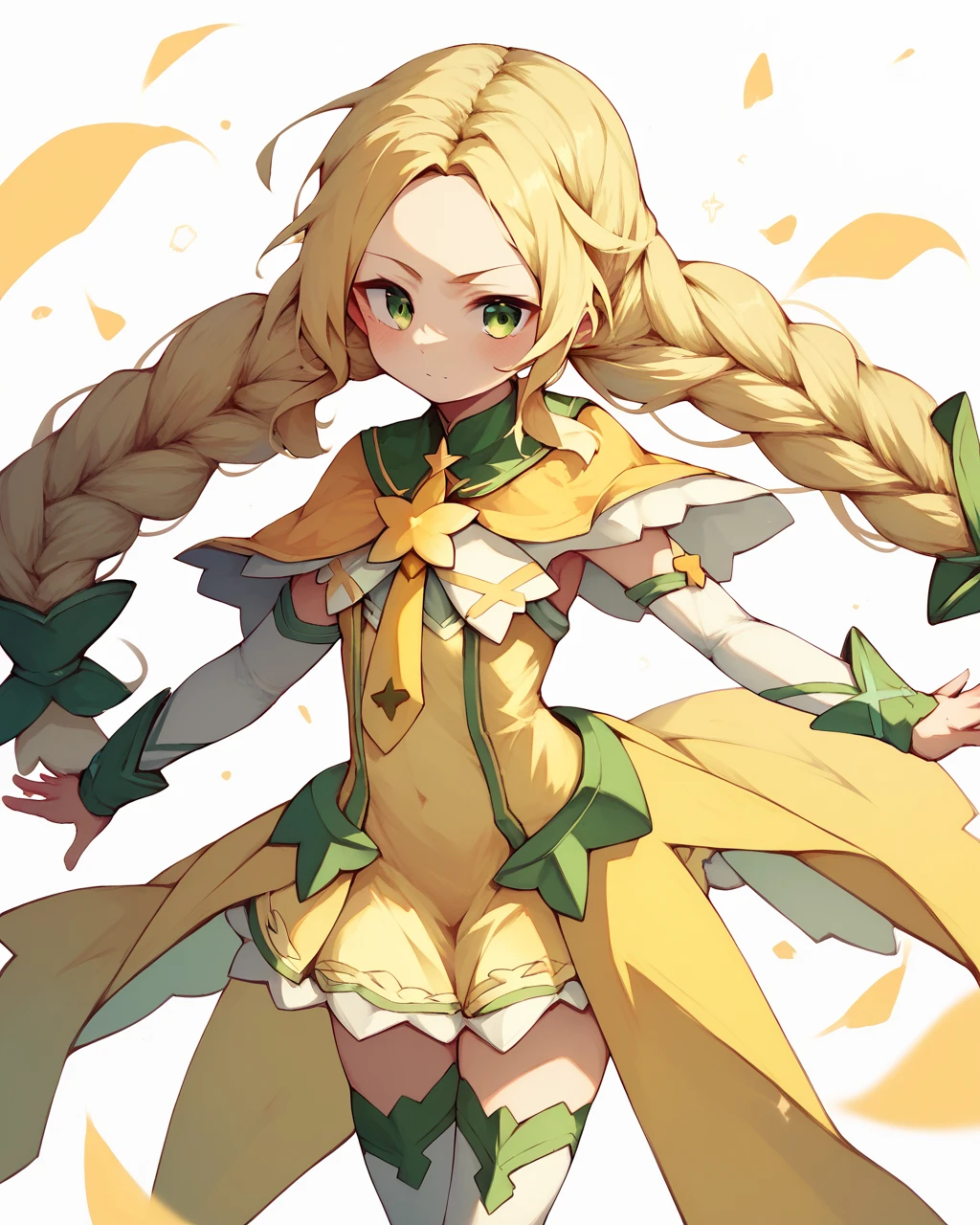 score_9, score_8_up, score_7_up,
<lora:Inubouzaki_Fuu_PONY:1>,1girl, solo, long hair, blonde hair, twintails,green eyes,twin braids,capelet,magical girl,hair ornament,yellow dress,yellow necktie,white thighhighs,detached sleeves,