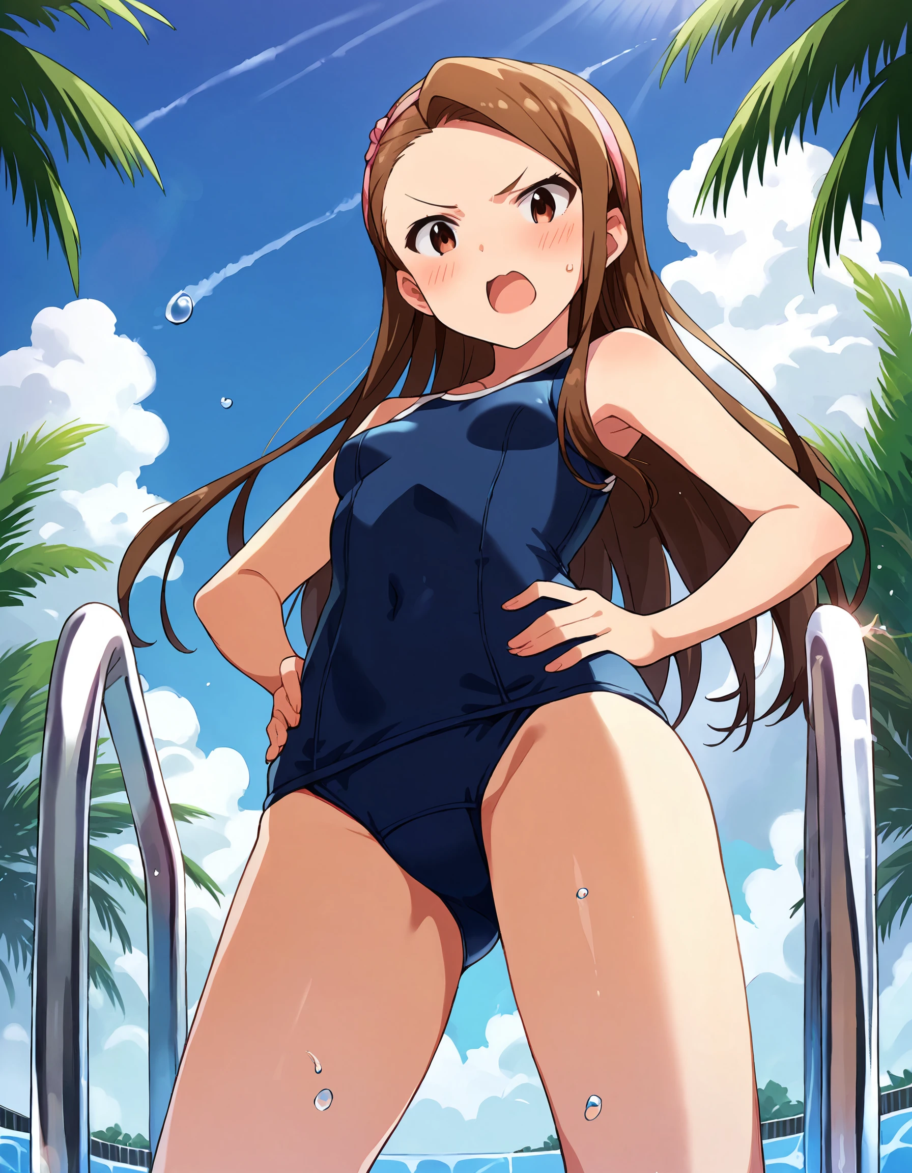 score_9, score_8_up, score_7_up, source_anime,
<lora:MinaseIori_pony_v1:0.8>
pinup of 1girl, solo, photo session, outdoors, poolside, pool, summer, day, sunlight, 
standing, hands on own hips,  embarrassed, blush, v-shaped eyebrows, open mouth,  looking at viewer, from below,
mnsior, petite, longhair, brown hair, forehead,  brown eyes, hairband, small breasts, 
swimsuit, old school swimsuit,